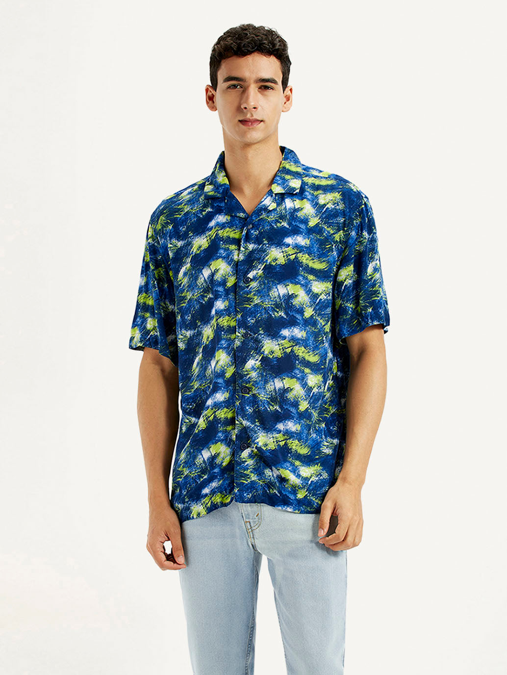 Men's Abstract Multi Color Relaxed Fit Camp Shirt - Front View