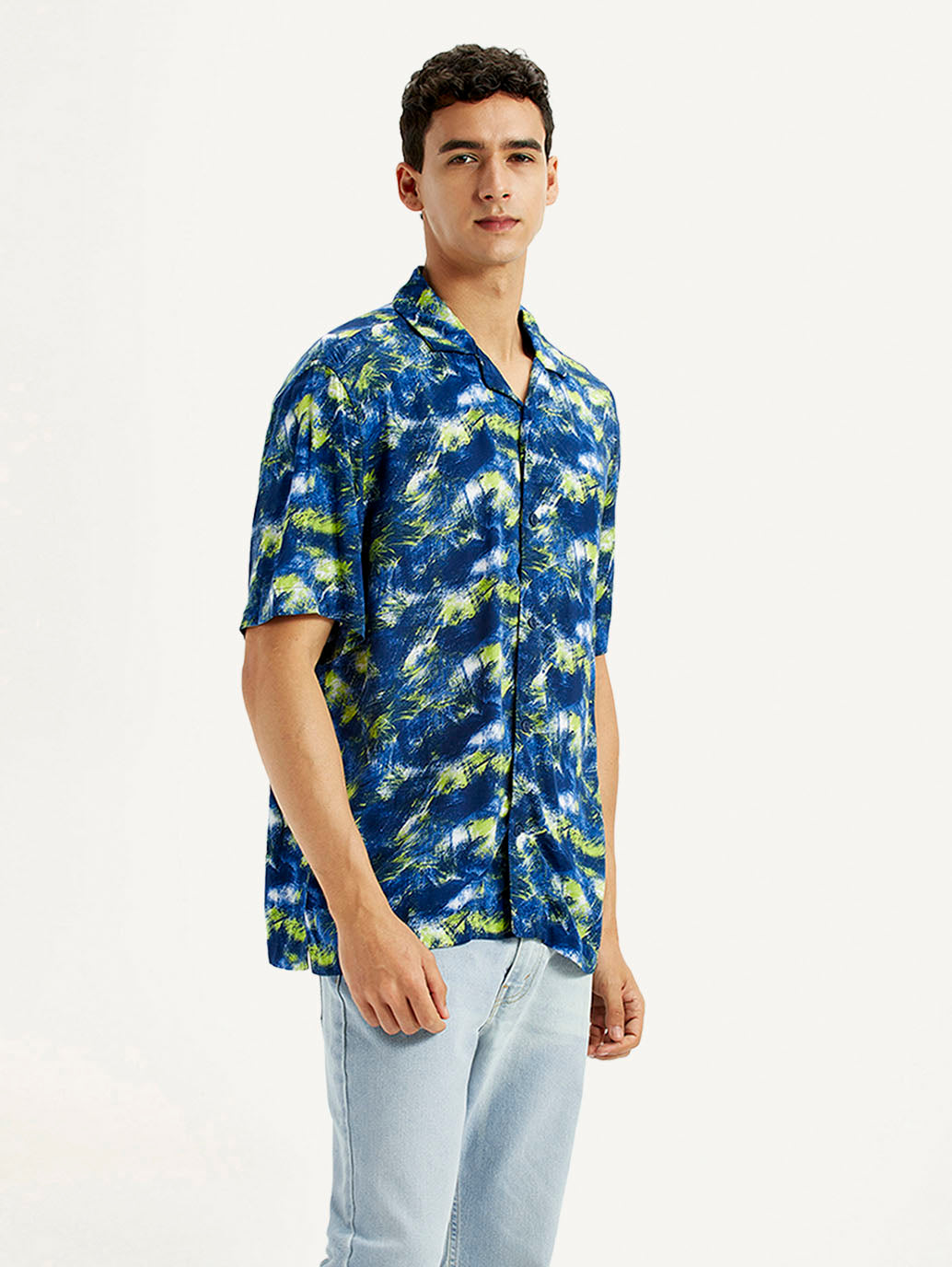 Men's Abstract Multi Color Relaxed Fit Camp Shirt - Side View