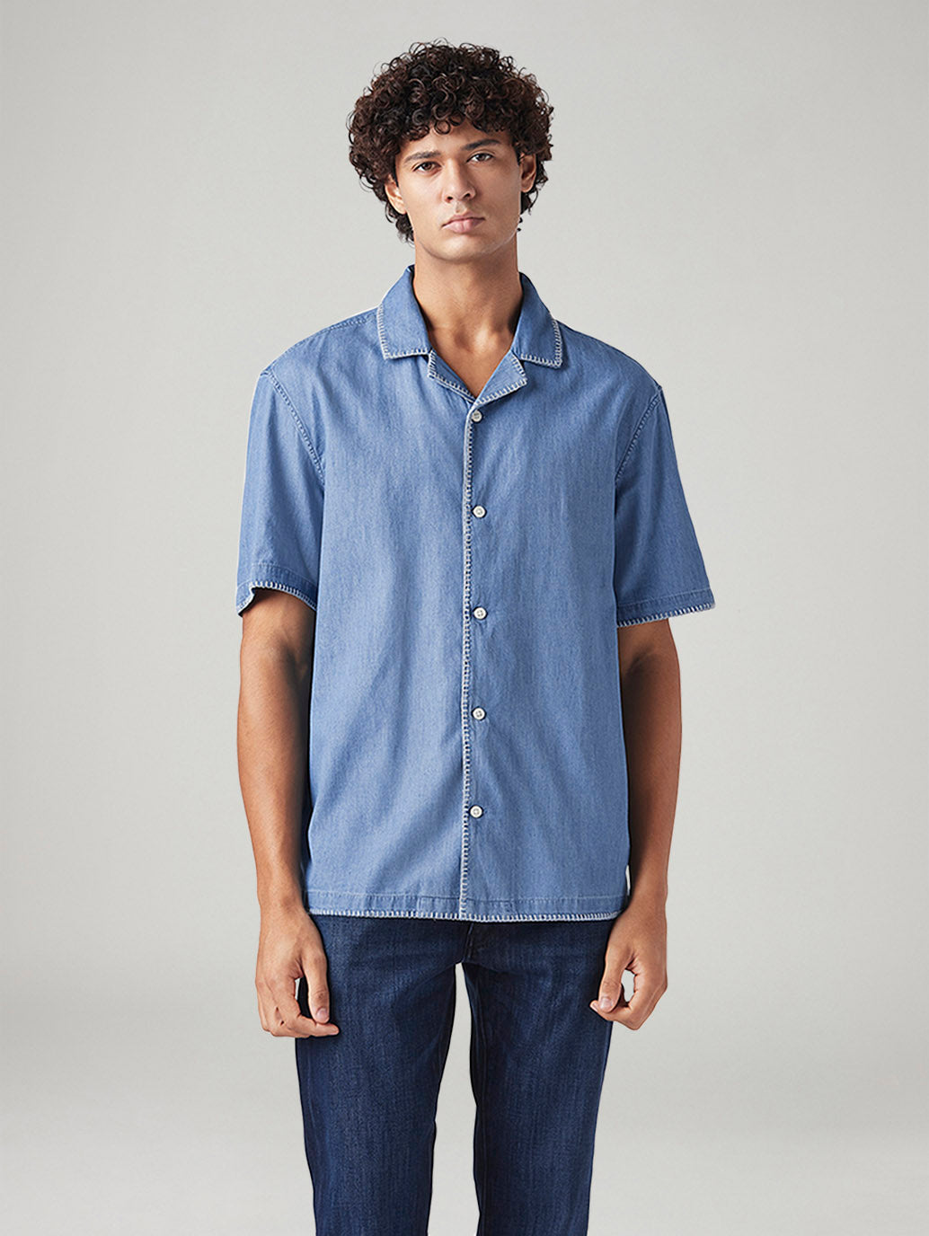 Men's Solid Relaxed Fit Embroidered Resort Collar Shirt - Front View