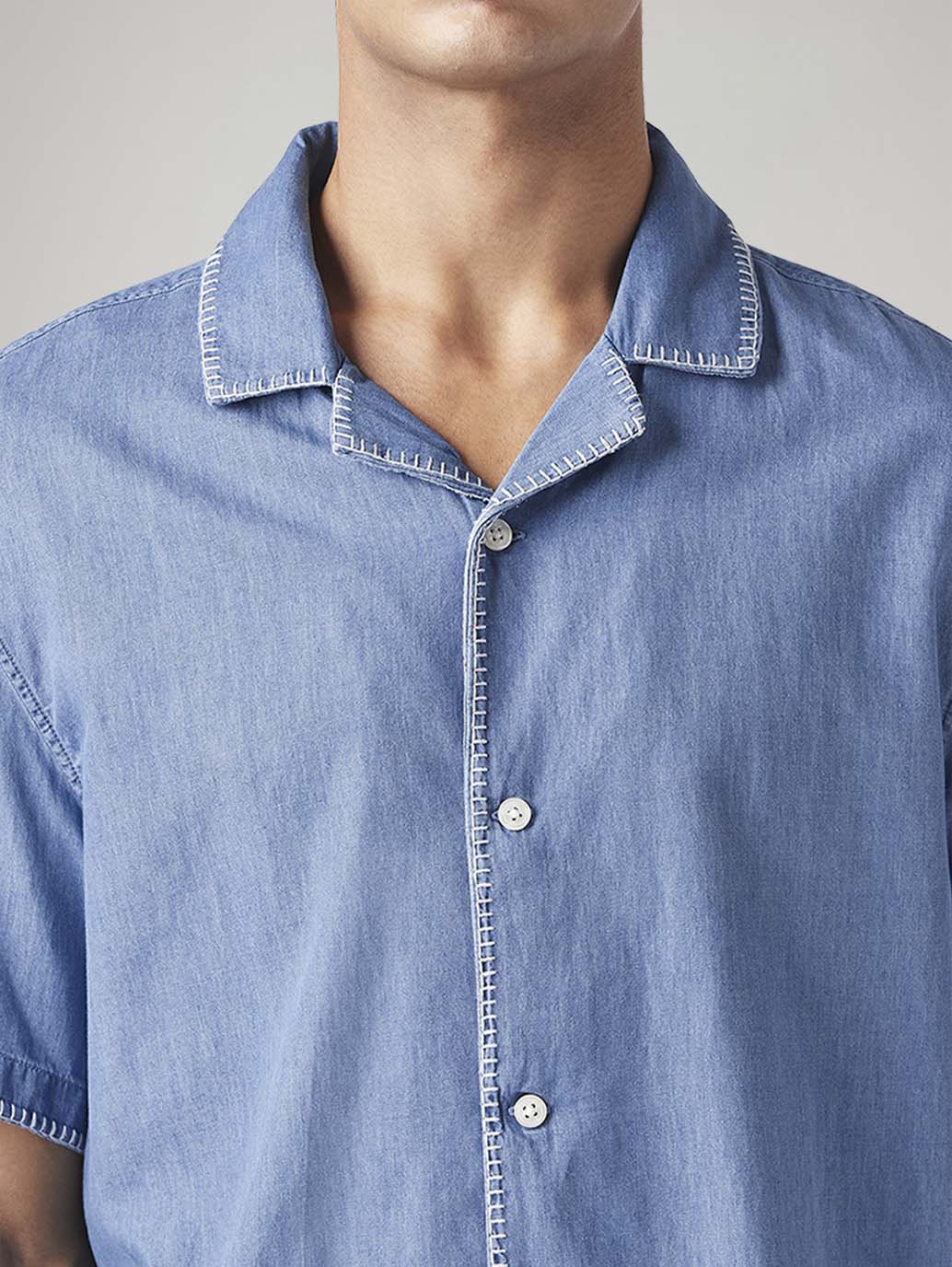Men's Solid Relaxed Fit Embroidered Resort Collar Shirt - Detail View