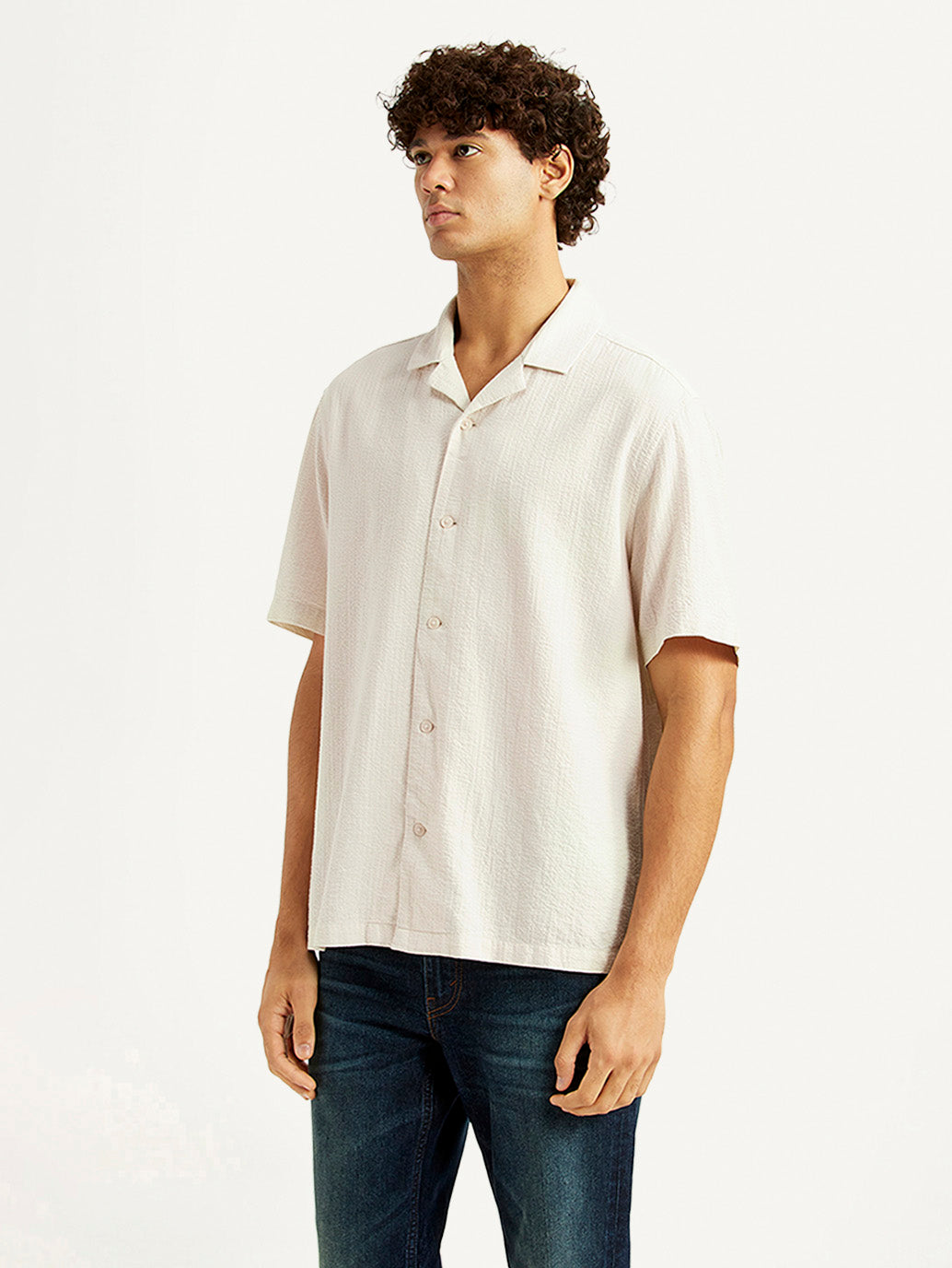 Men's Textured Off-White Relaxed Fit Camp Shirt - Side View