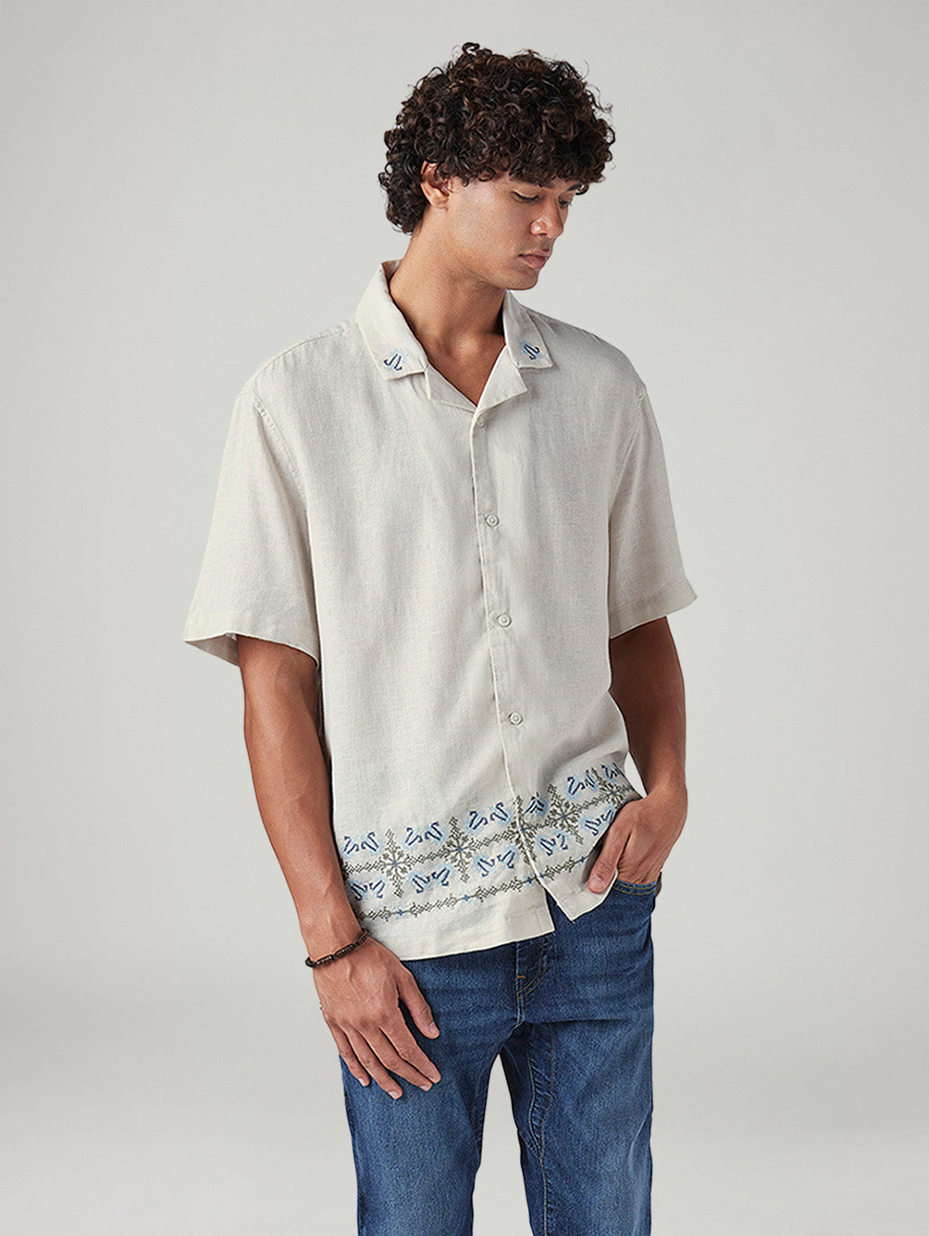 Men's Embroidered Relaxed Fit Resort Collar Linen Shirt - Styleshot View