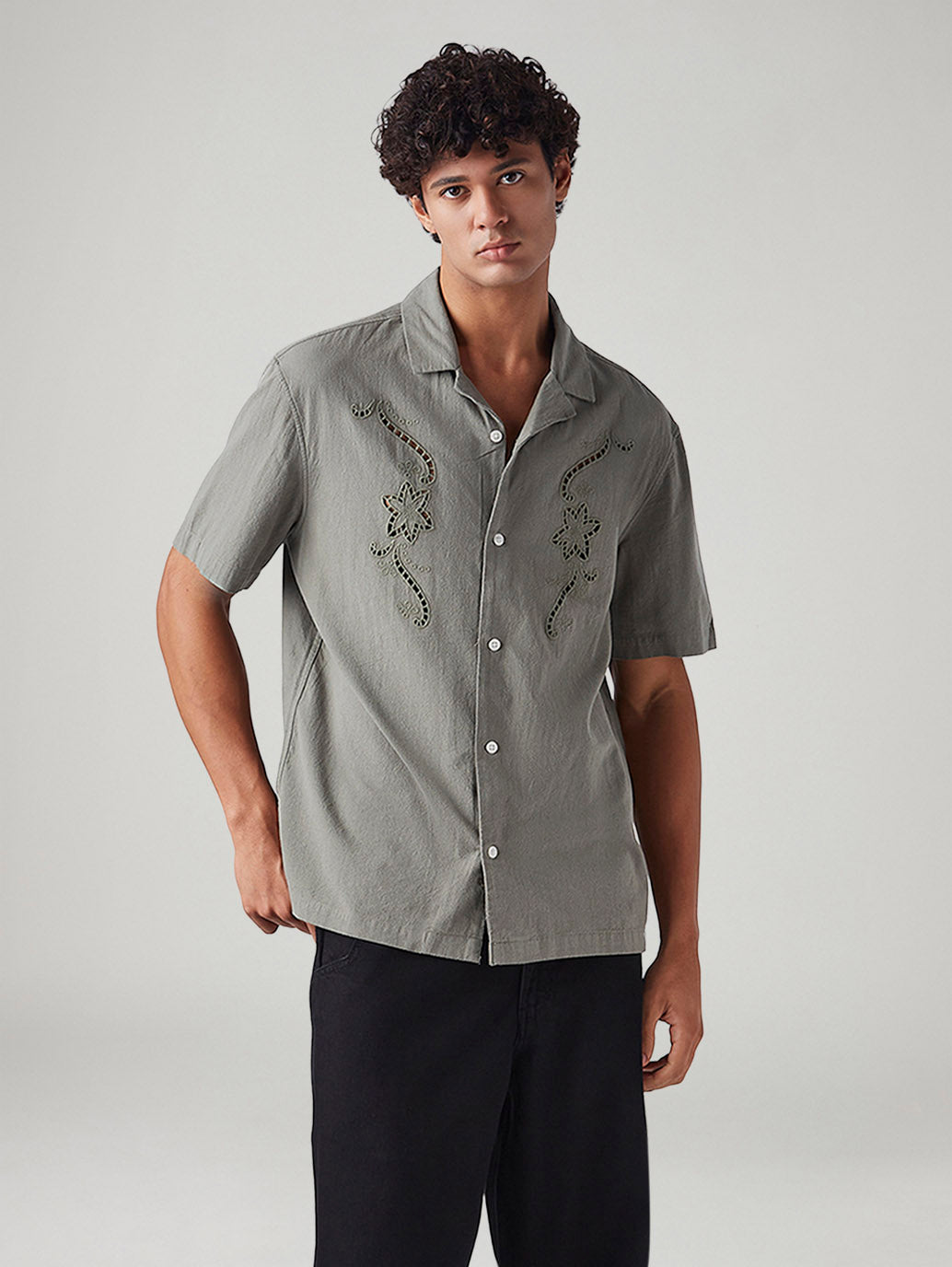 Men's Embroidered Relaxed Fit Resort Collar Shirt - Styleshot View