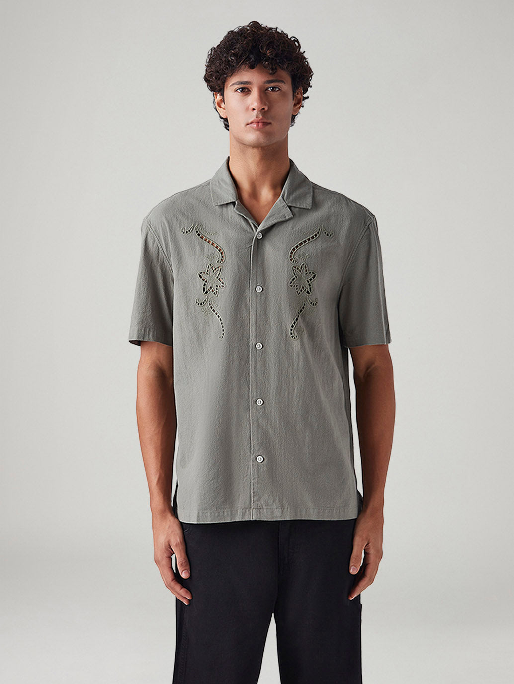 Men's Embroidered Relaxed Fit Resort Collar Shirt - Front View