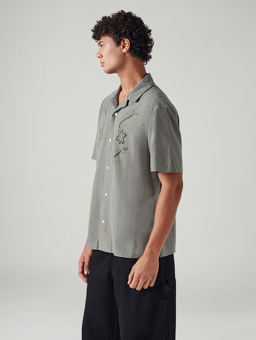 Men's Embroidered Relaxed Fit Resort Collar Shirt - Side View