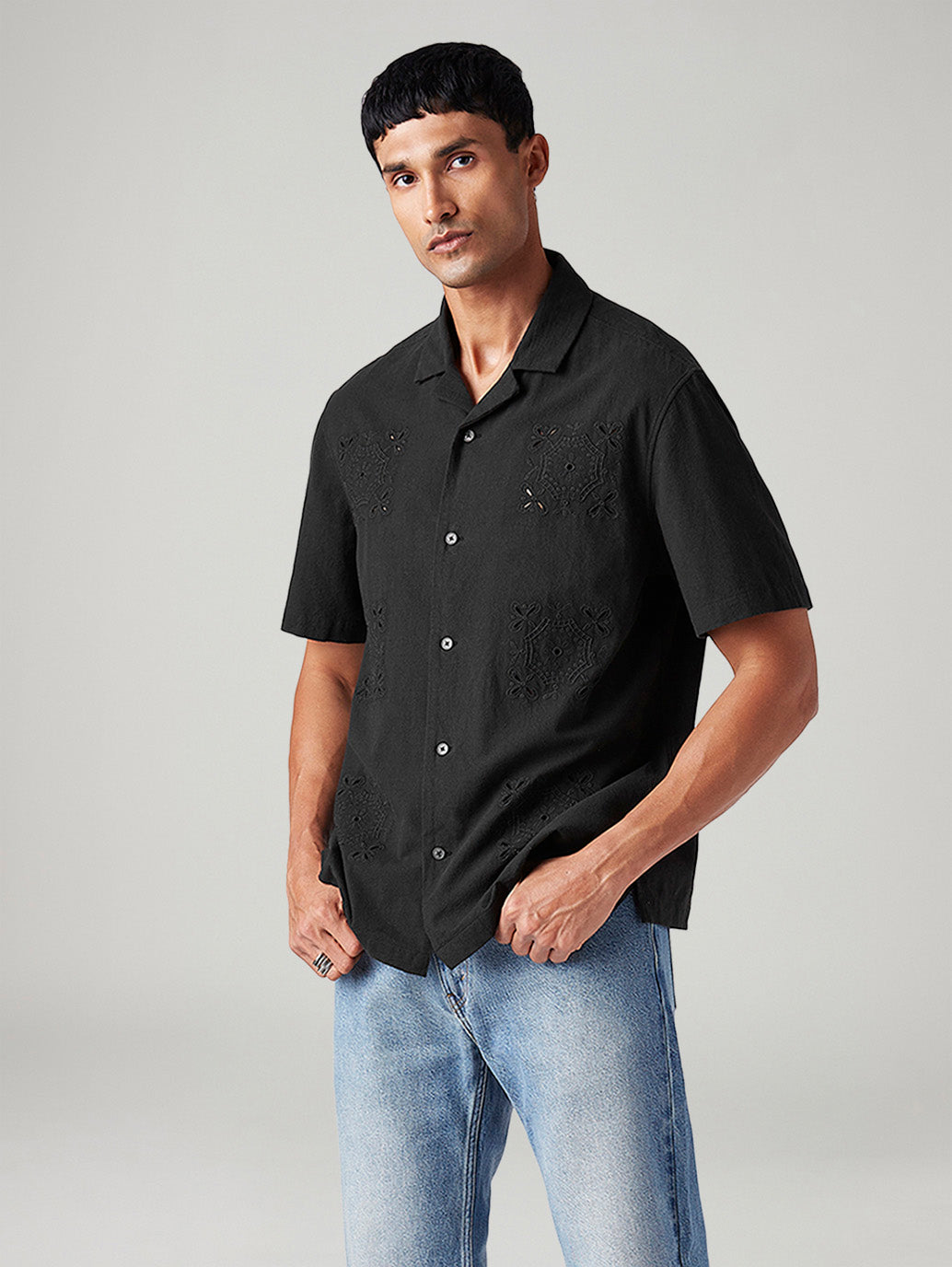 Men's Embroidered Relaxed Fit Resort Collar Shirt - Styleshot View