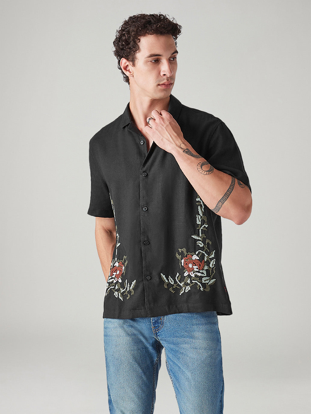 Men's Embroidered Relaxed Fit Linen Shirt - Styleshot View
