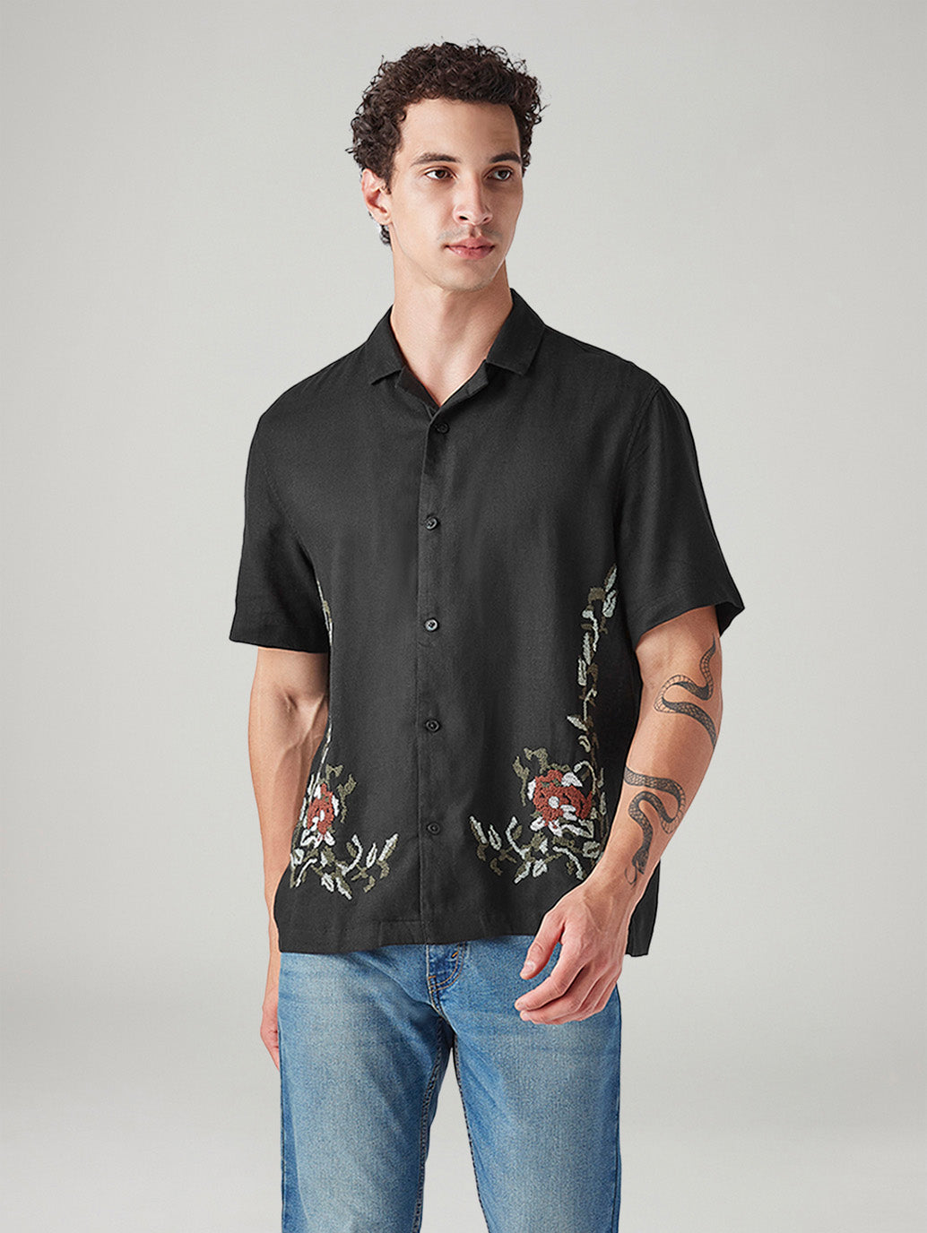Men's Embroidered Relaxed Fit Linen Shirt - Front View
