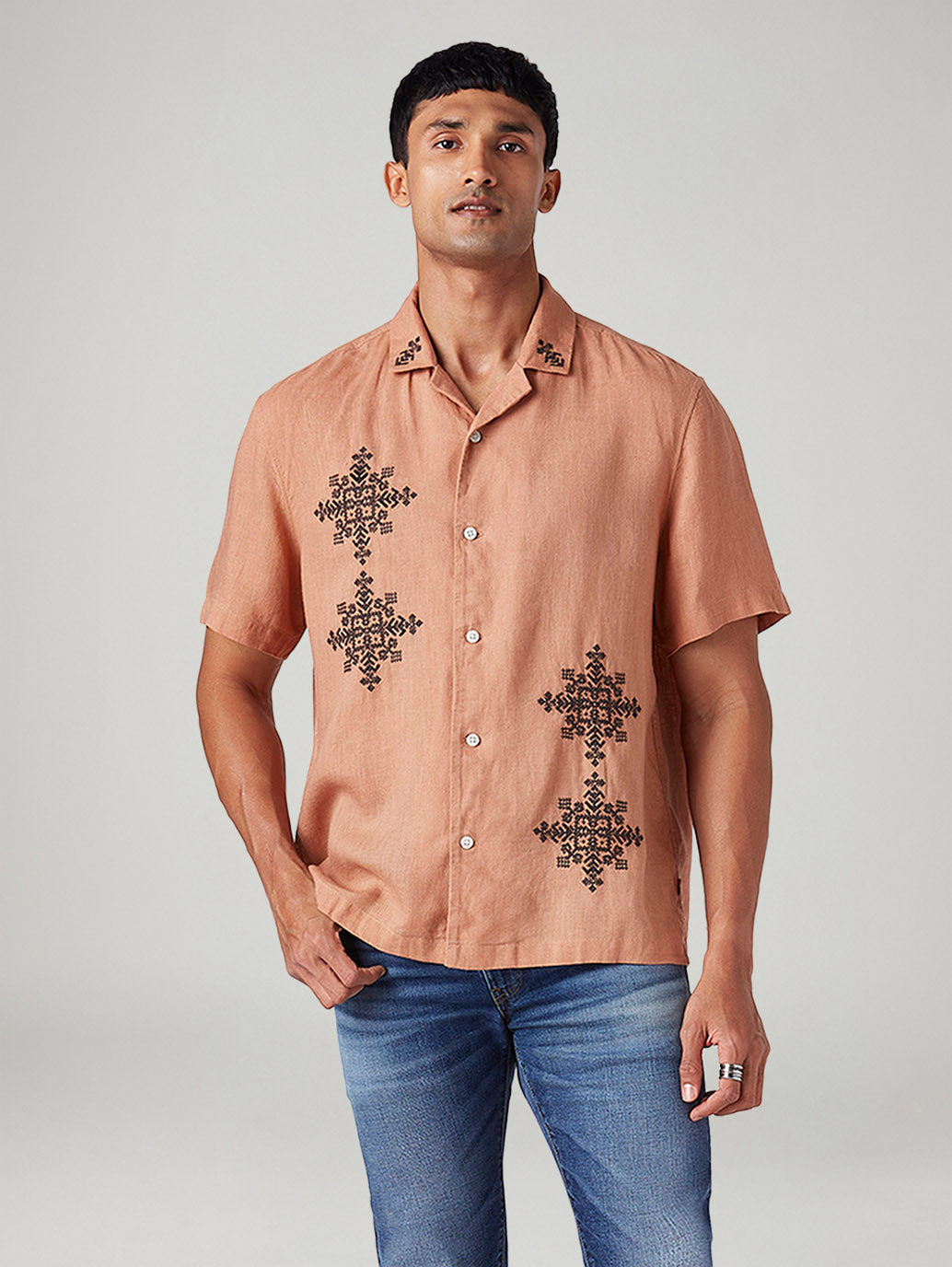 Men's Embroidered Relaxed Fit Resort Collar Linen Shirt