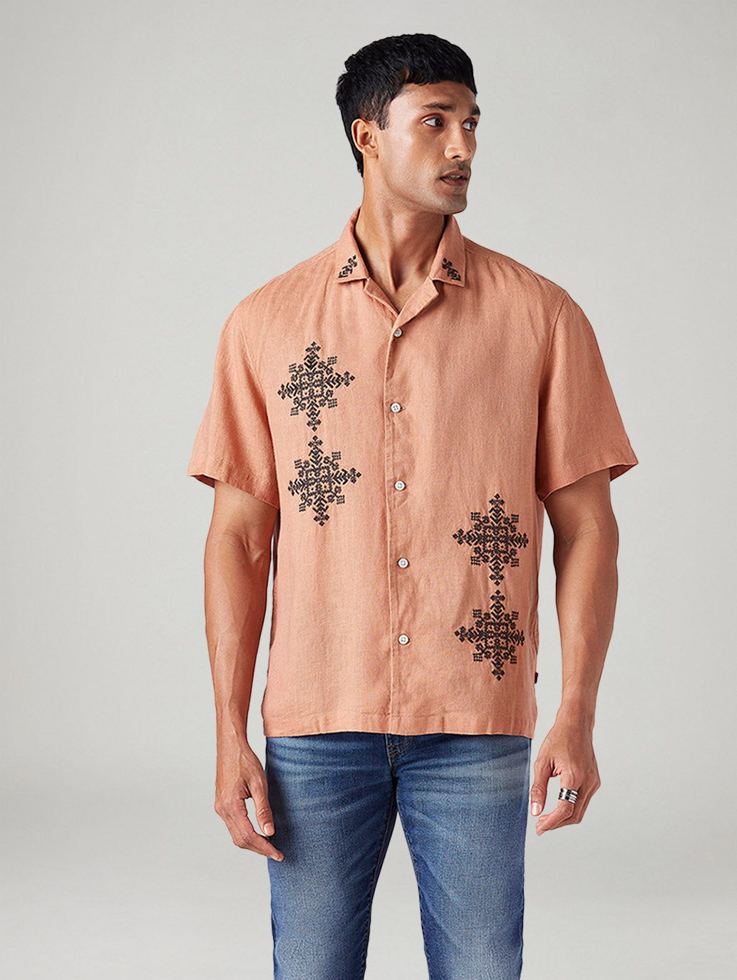Men's Embroidered Relaxed Fit Resort Collar Linen Shirt - Front View