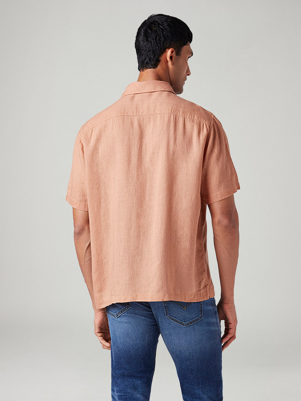 Men's Embroidered Relaxed Fit Resort Collar Linen Shirt - Back View