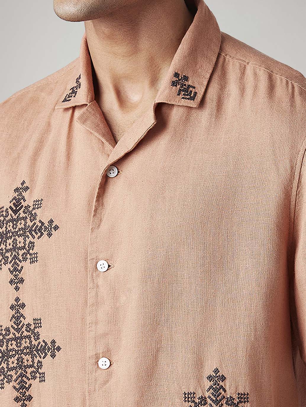 Men's Embroidered Relaxed Fit Resort Collar Linen Shirt - Detail View