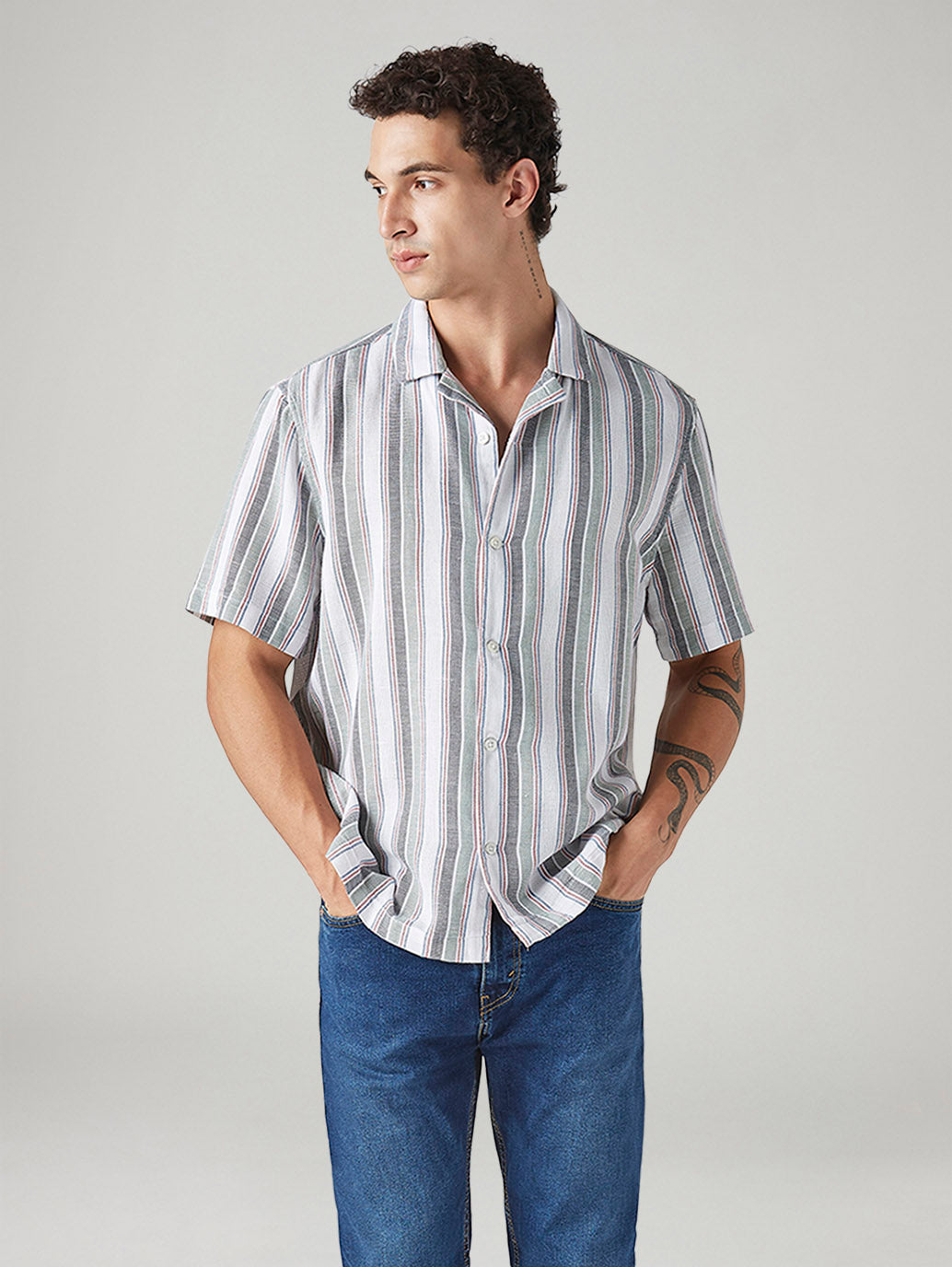 Men's Striped Relaxed Fit Linen Camp Shirt