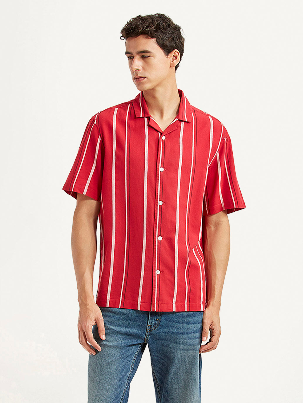 Men's Striped Red Relaxed Fit Camp Shirt - Styleshot View