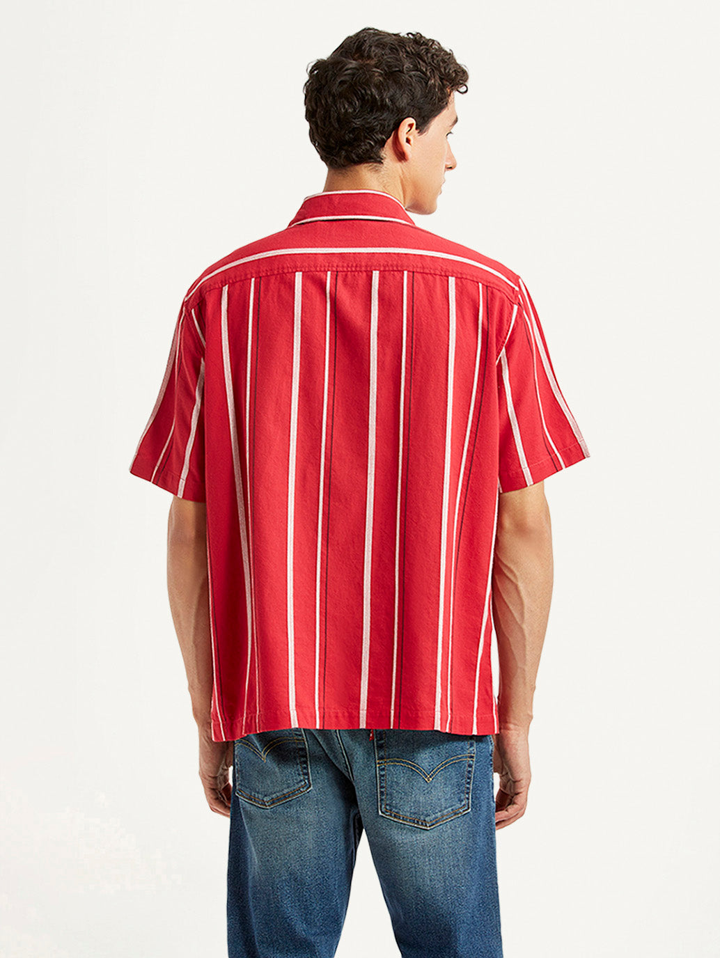 Men's Striped Red Relaxed Fit Camp Shirt - Back View