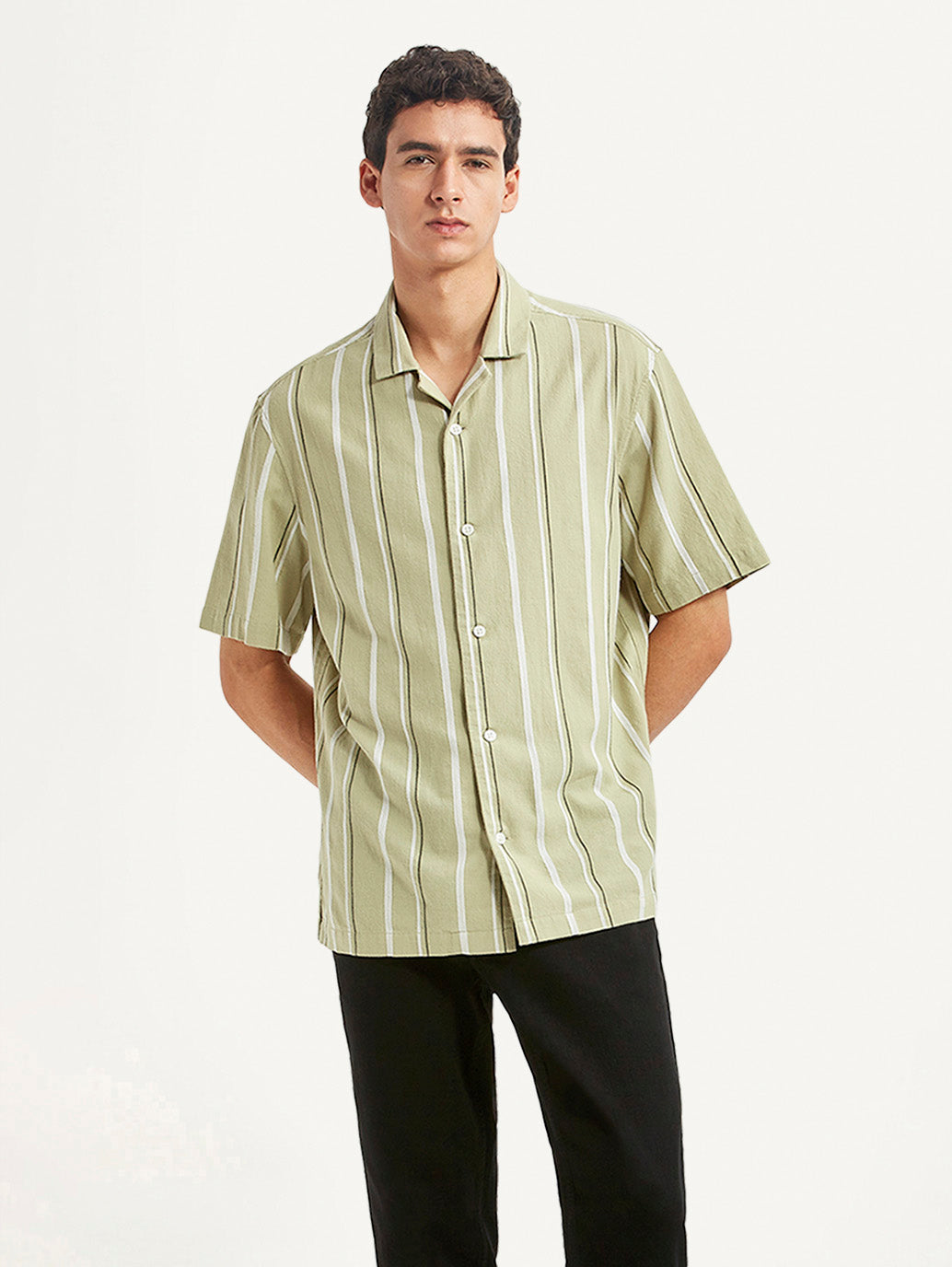 Men's Striped Light Green Relaxed Fit Camp Shirt - Styleshot View