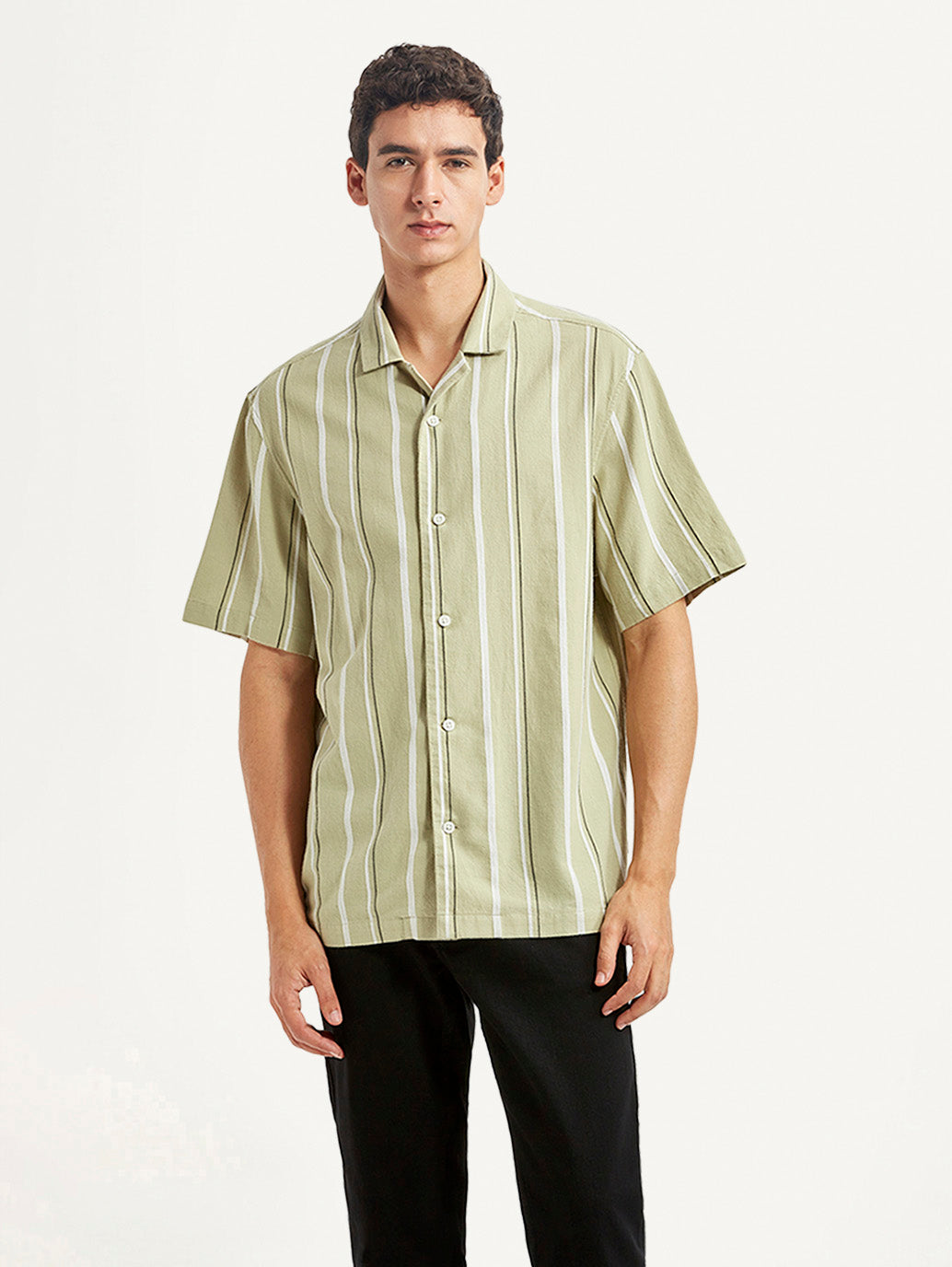 Men's Striped Light Green Relaxed Fit Camp Shirt