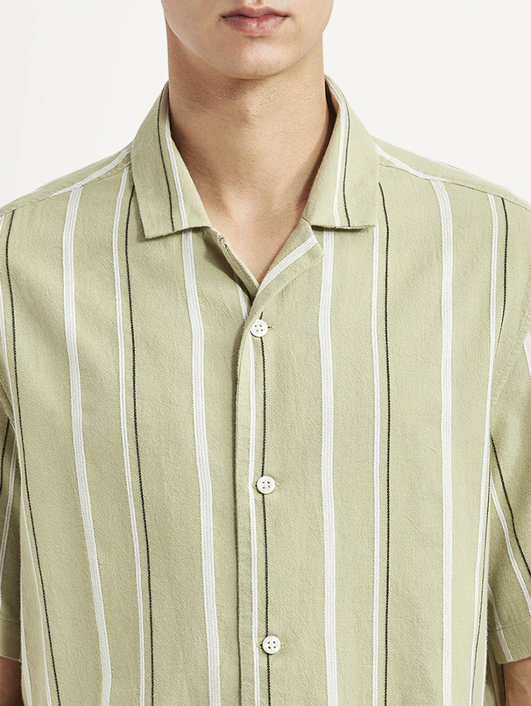 Men's Striped Light Green Relaxed Fit Camp Shirt - Detail View