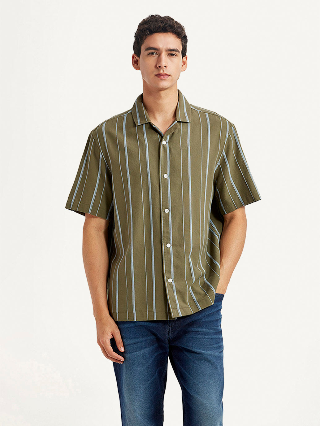 Men's Striped Olive Relaxed Fit Camp Shirt - Front View
