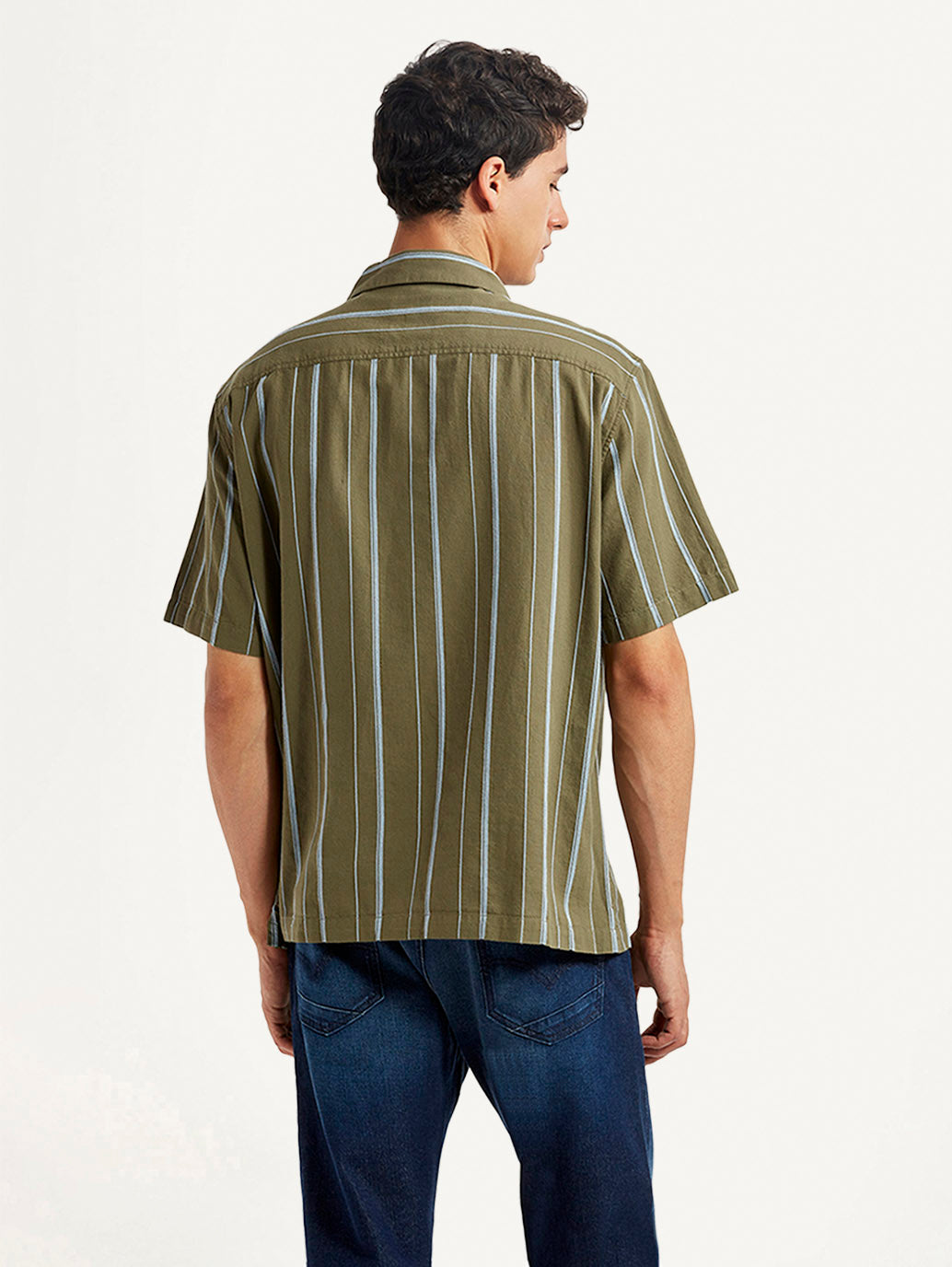 Men's Striped Olive Relaxed Fit Camp Shirt - Back View