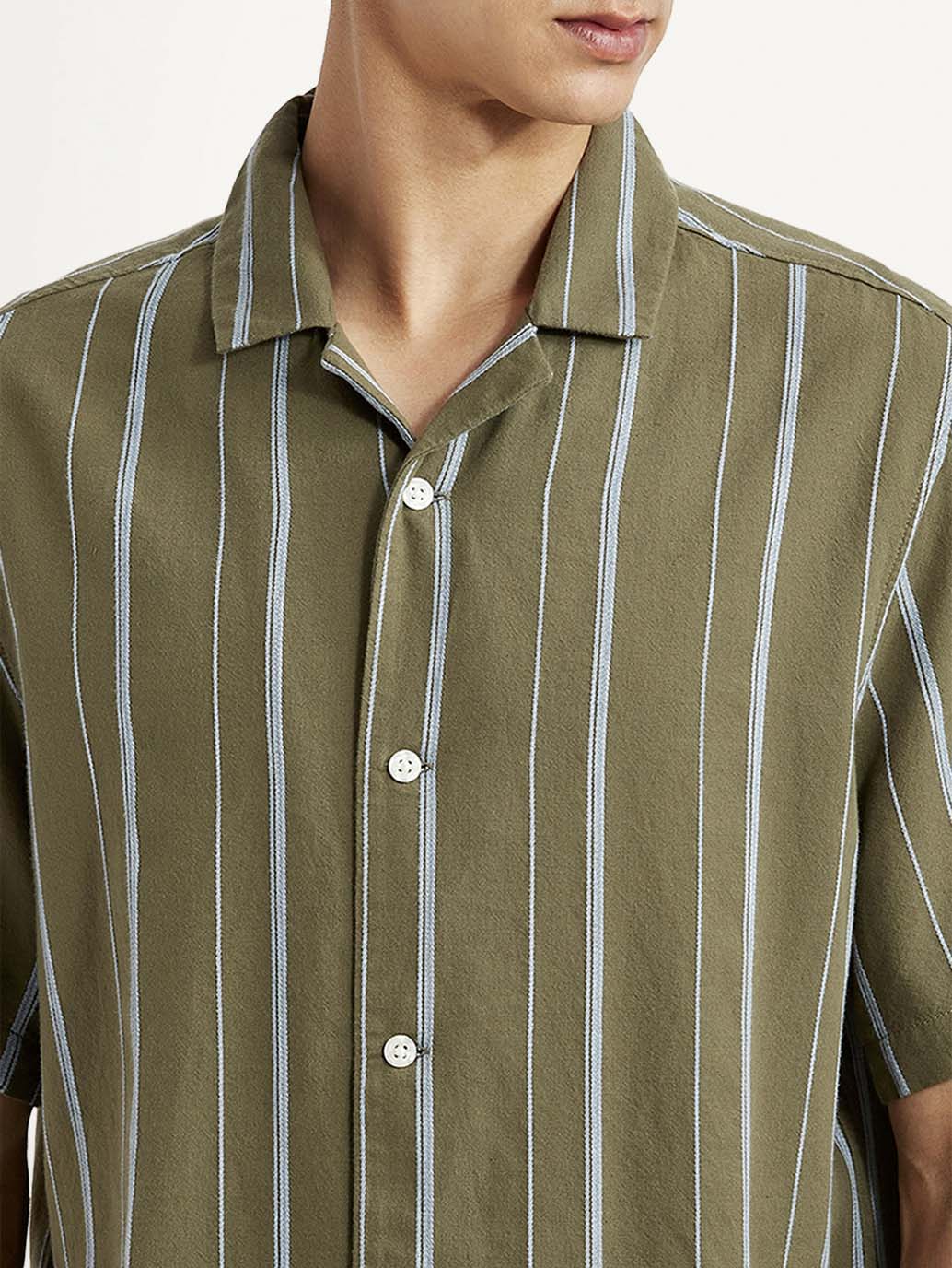 Men's Striped Olive Relaxed Fit Camp Shirt - Detail View