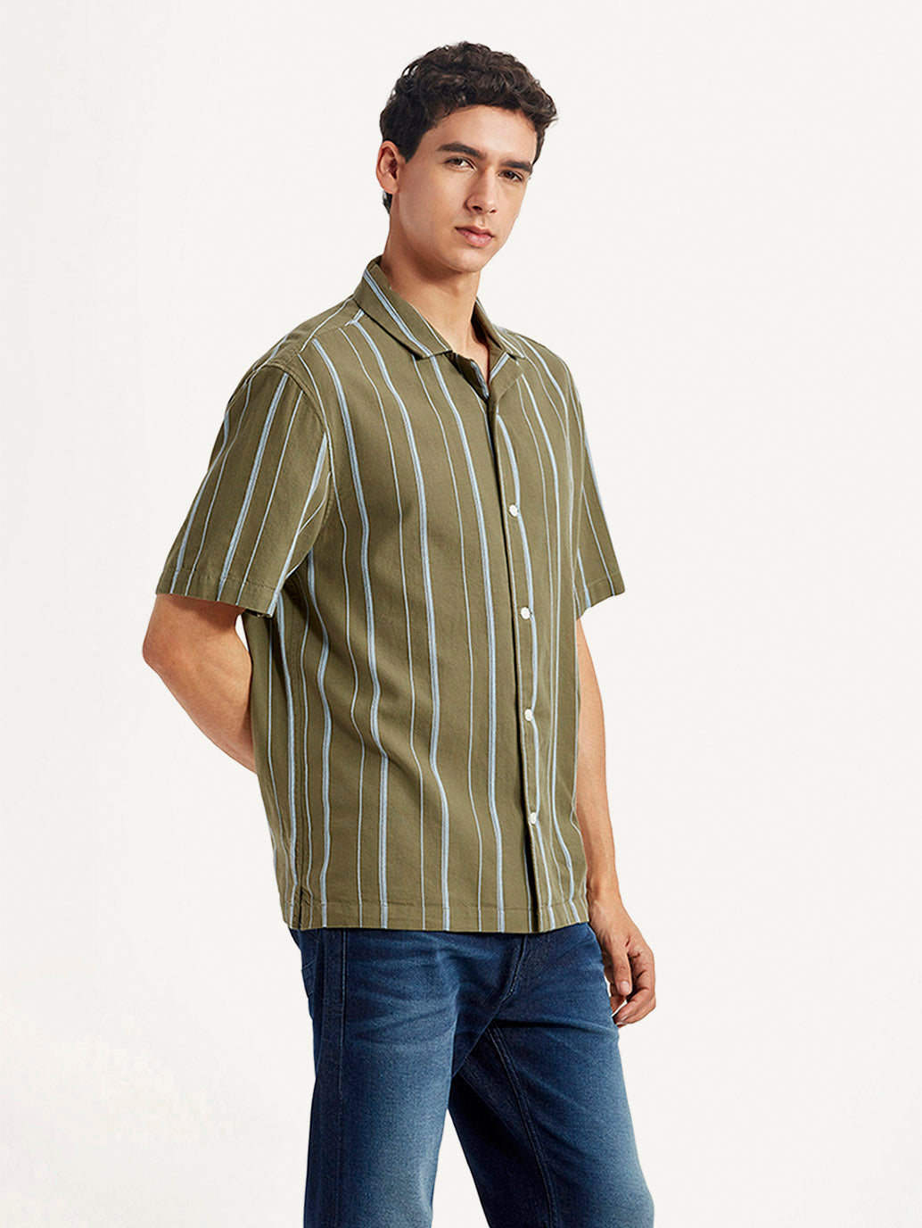 Men's Striped Olive Relaxed Fit Camp Shirt - Side View