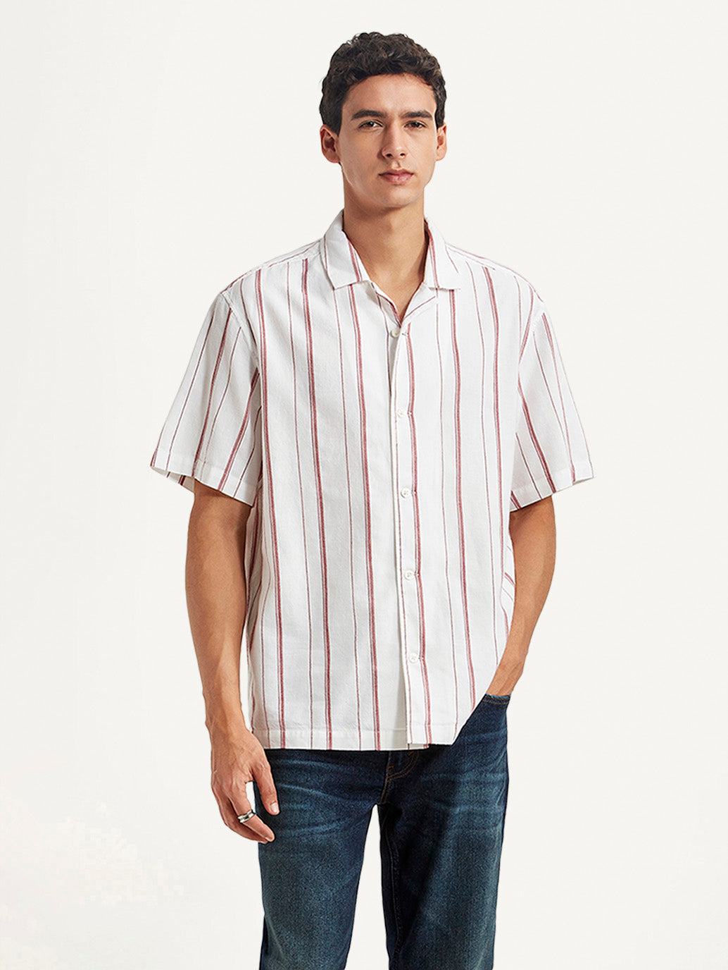 Men's Striped White Relaxed Fit Camp Shirt - Styleshot View