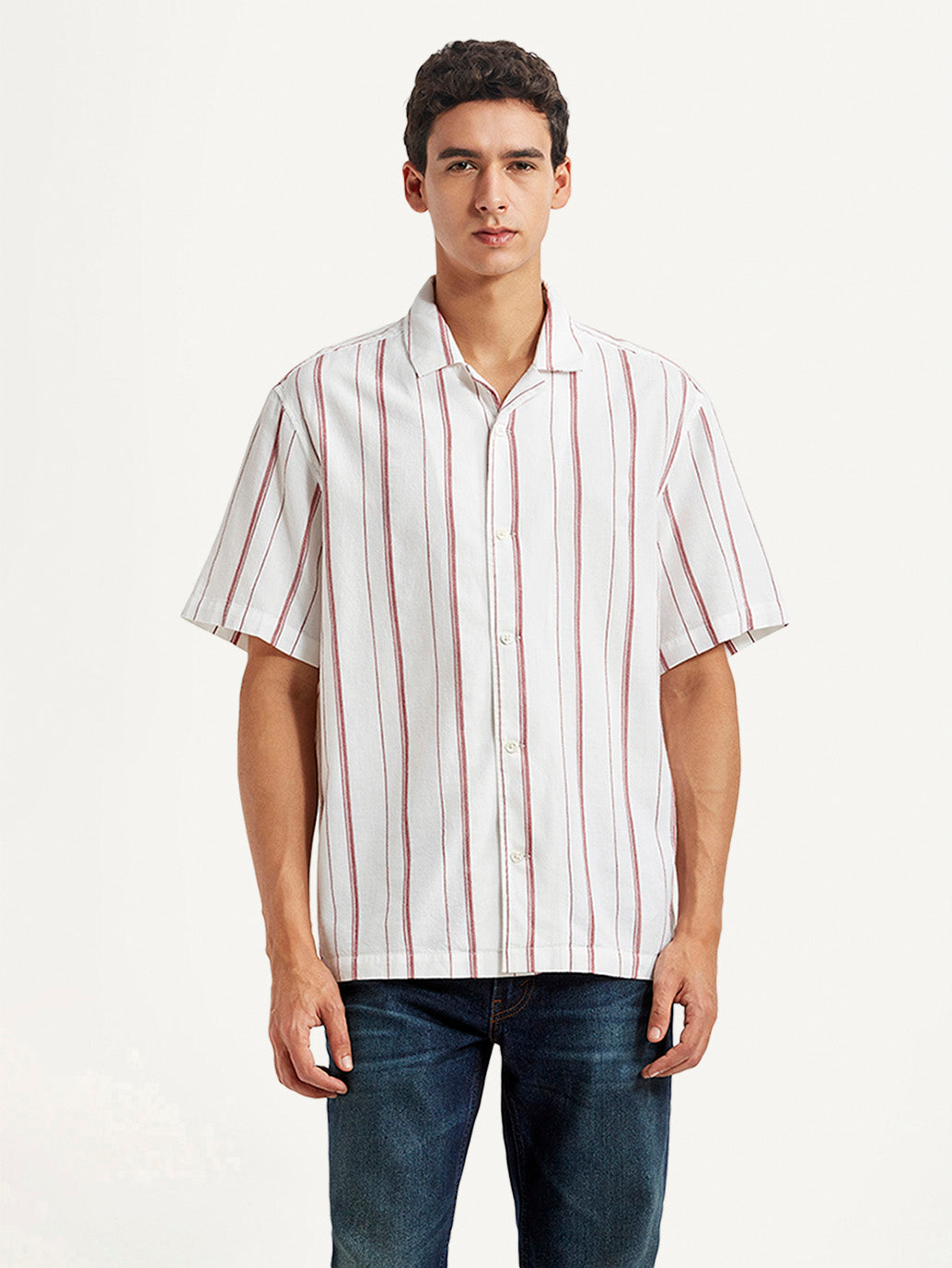 Men's Striped White Relaxed Fit Camp Shirt
