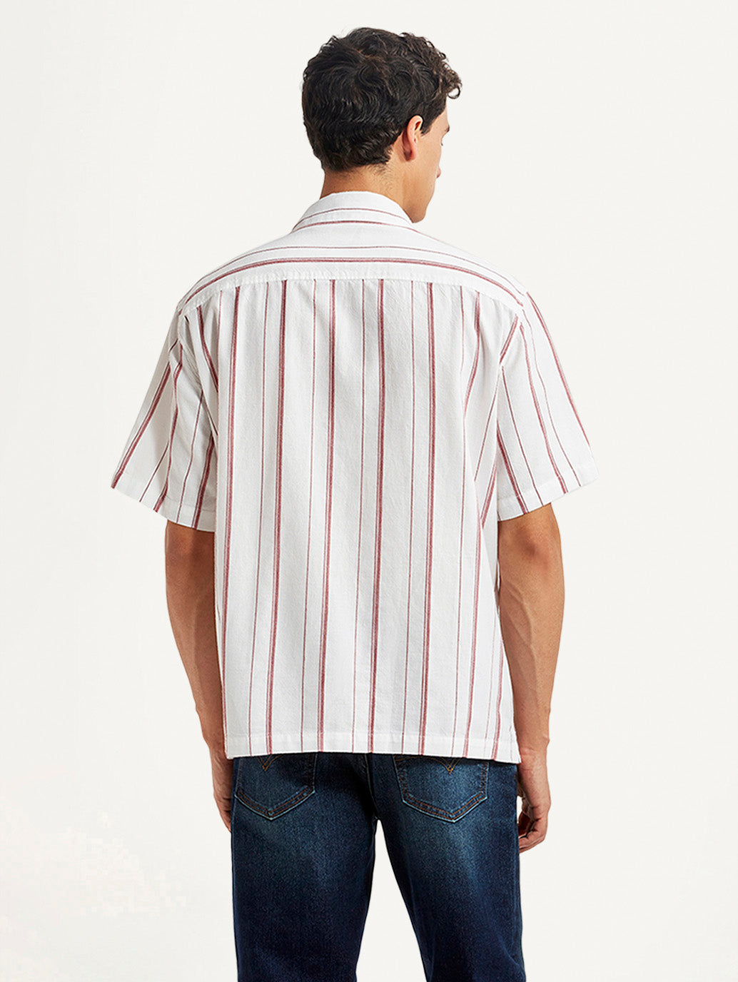 Men's Striped White Relaxed Fit Camp Shirt - Back View