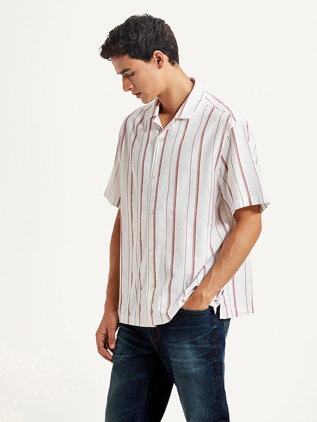 Men's Striped White Relaxed Fit Camp Shirt - Side View