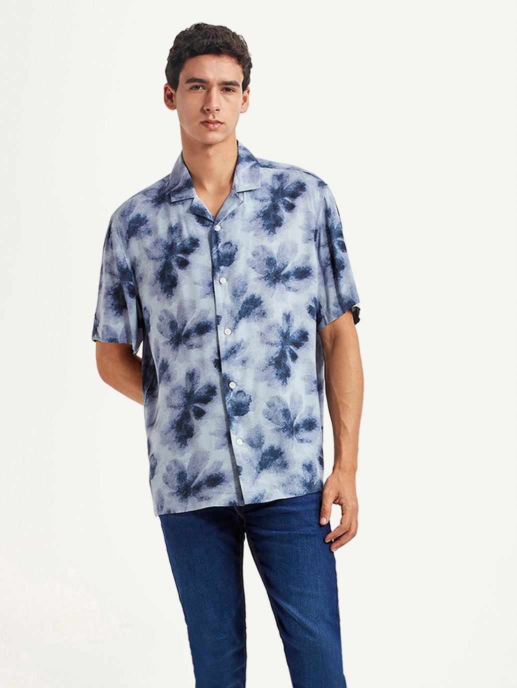 Men's Floral Light Blue Relaxed Fit Camp Shirt - Styleshot View