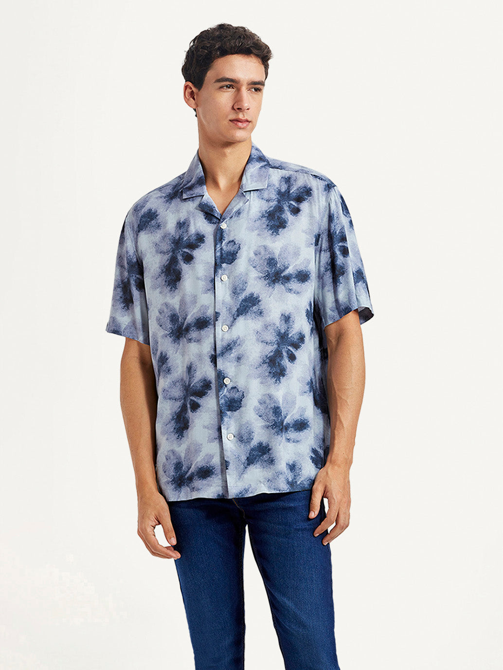 Men's Floral Light Blue Relaxed Fit Camp Shirt