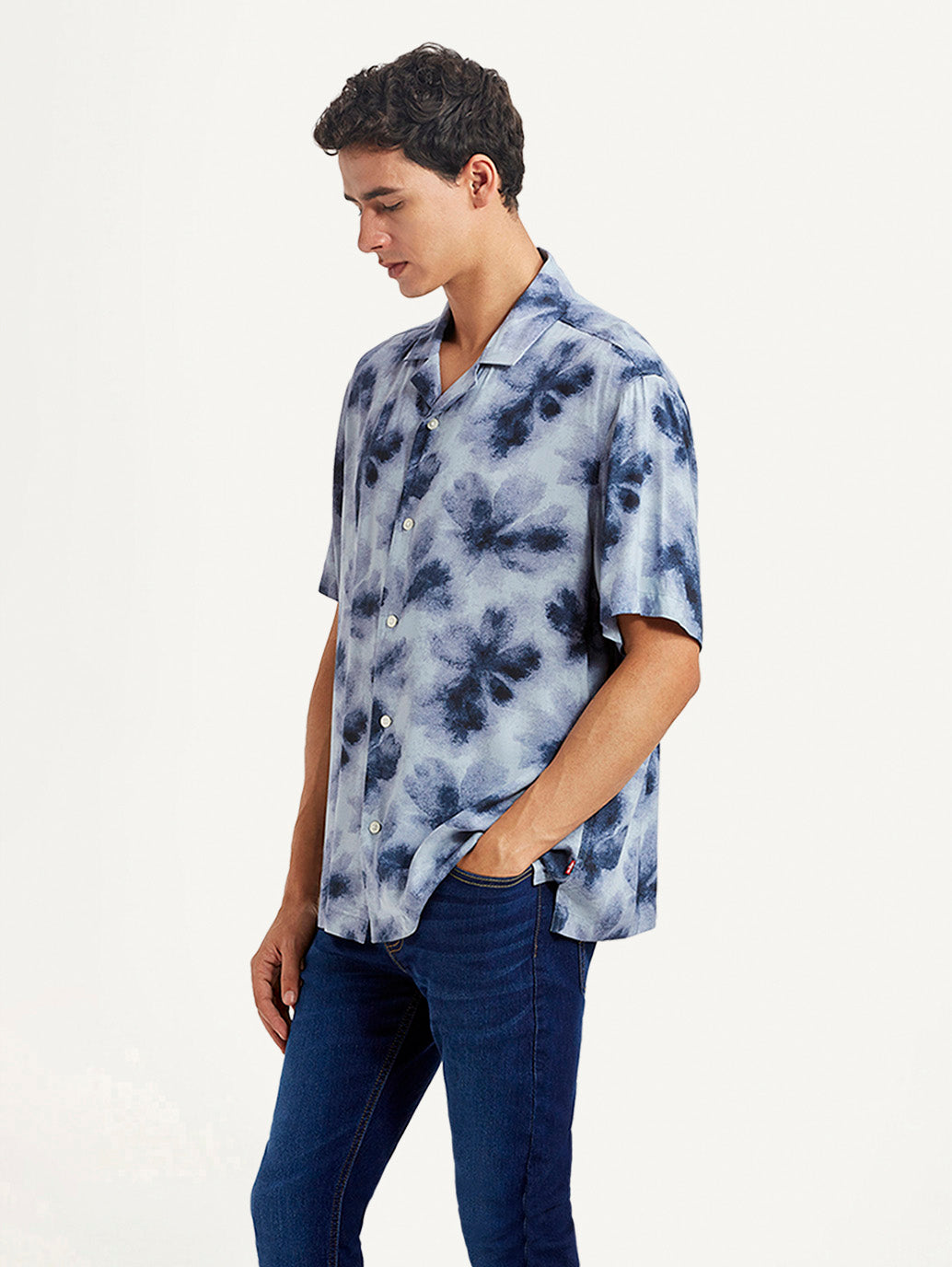 Men's Floral Light Blue Relaxed Fit Camp Shirt - Side View