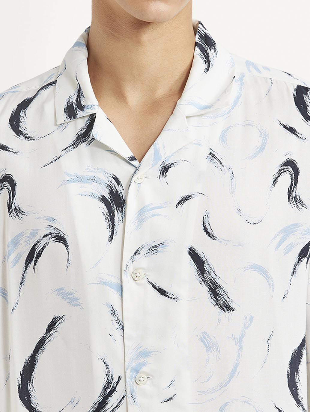 Men's Abstract Print White Relaxed Fit Camp Shirt - Detail View