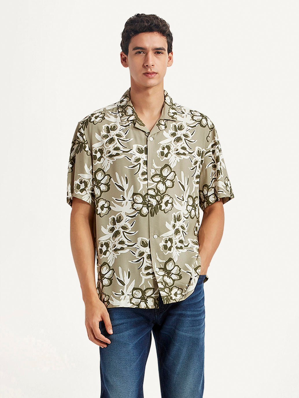 Men's Floral Beige Relaxed Fit Camp Shirt - Styleshot View