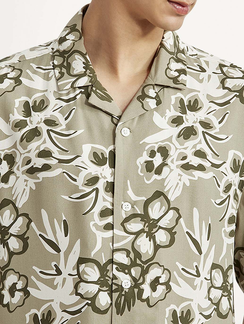 Men's Floral Beige Relaxed Fit Camp Shirt - Detail View