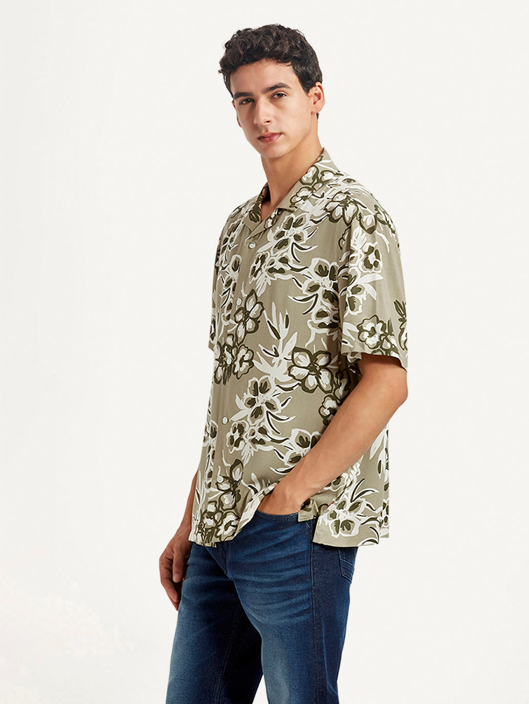 Men's Floral Beige Relaxed Fit Camp Shirt - Side View