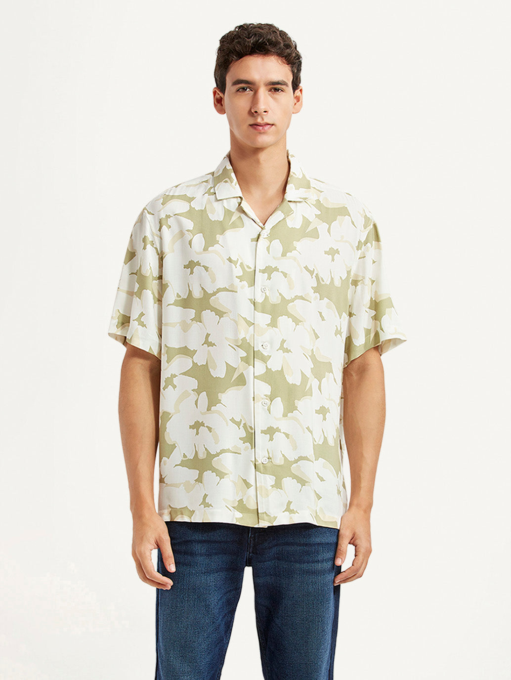Men's Floral Olive Relaxed Fit Camp Shirt - Front View