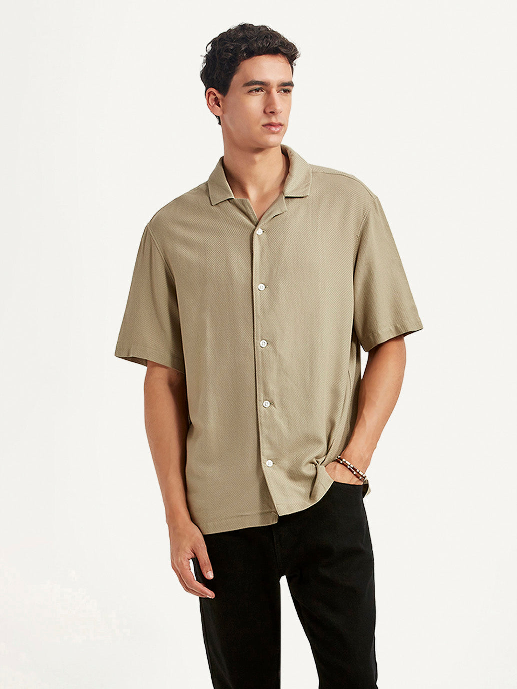 Men's Solid Beige Relaxed Fit Camp Shirt