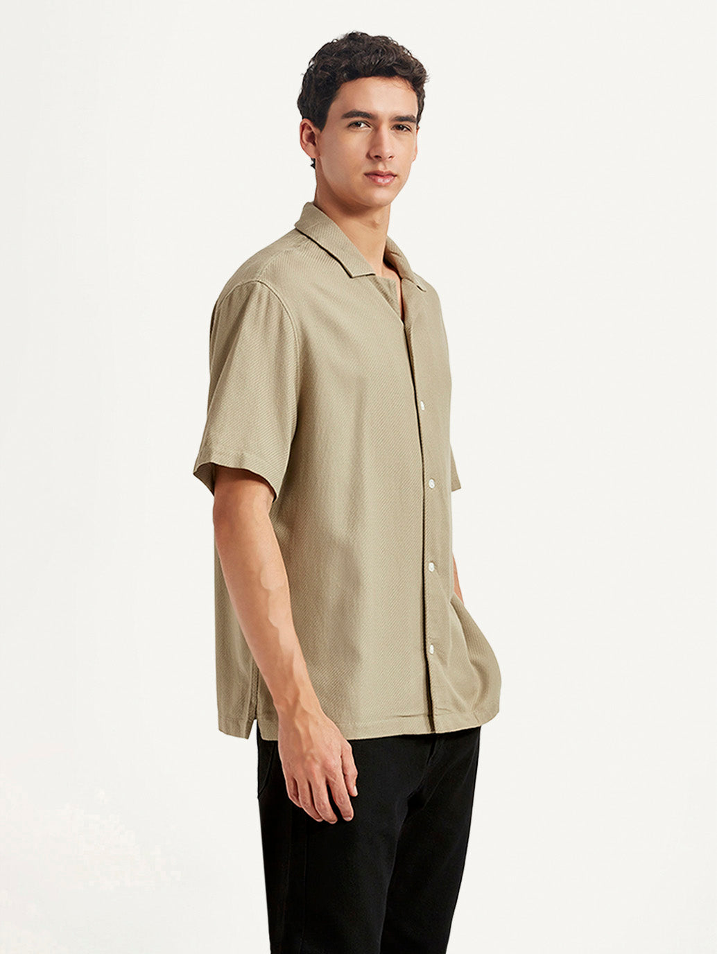 Men's Solid Beige Relaxed Fit Camp Shirt - Side View