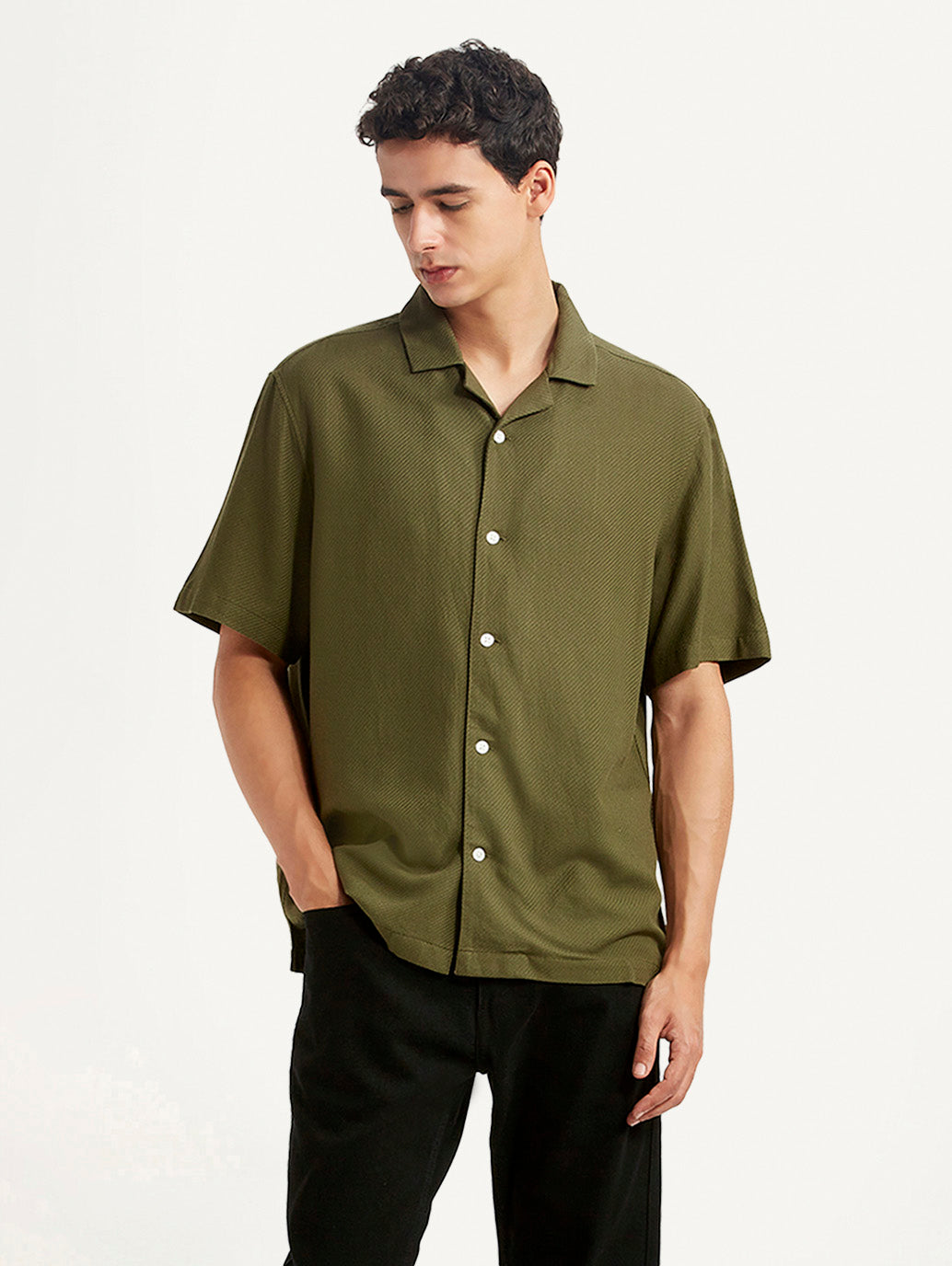Men's Solid Olive Relaxed Fit Camp Shirt