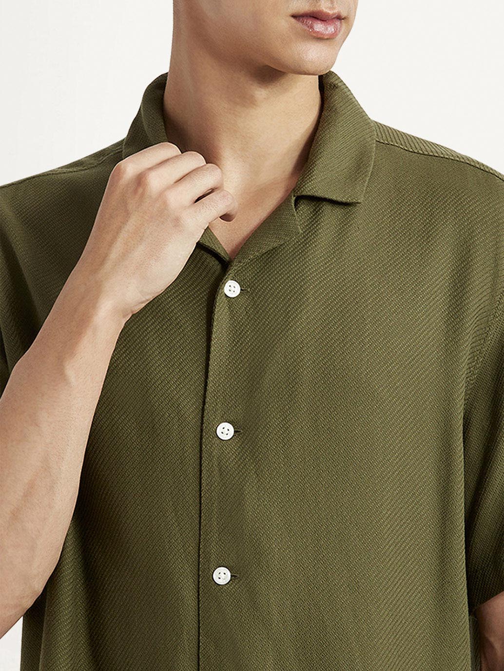 Men's Solid Olive Relaxed Fit Camp Shirt - Detail View