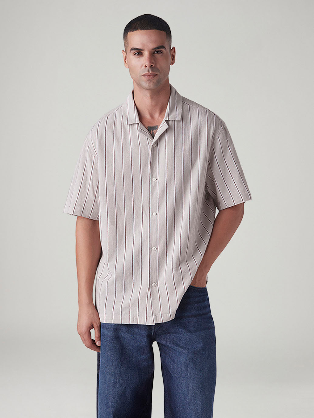 Men's Striped Relaxed Fit Dobby Shirt - Front View