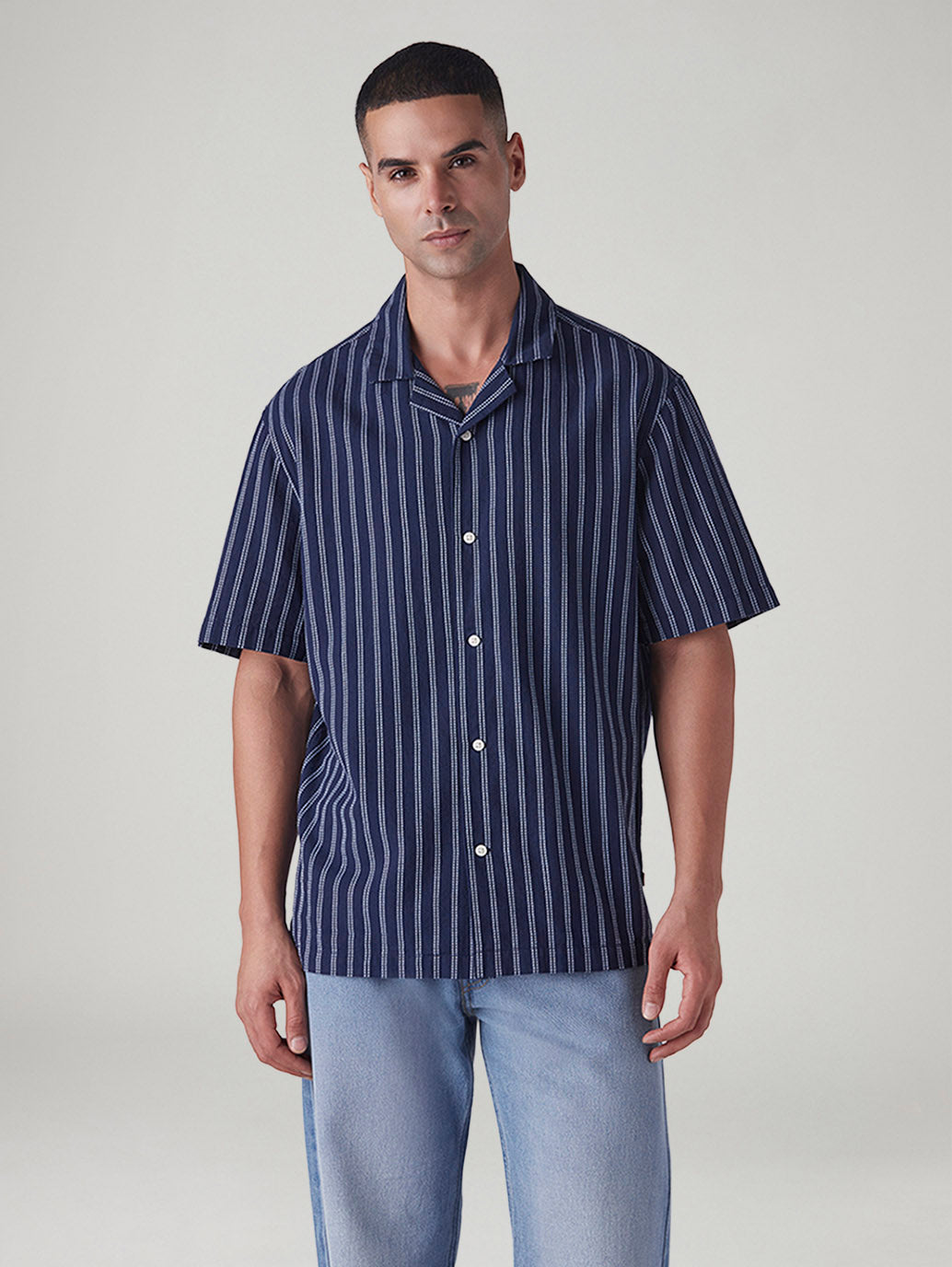 Men's Striped Relaxed Fit Dobby Shirt - Front View