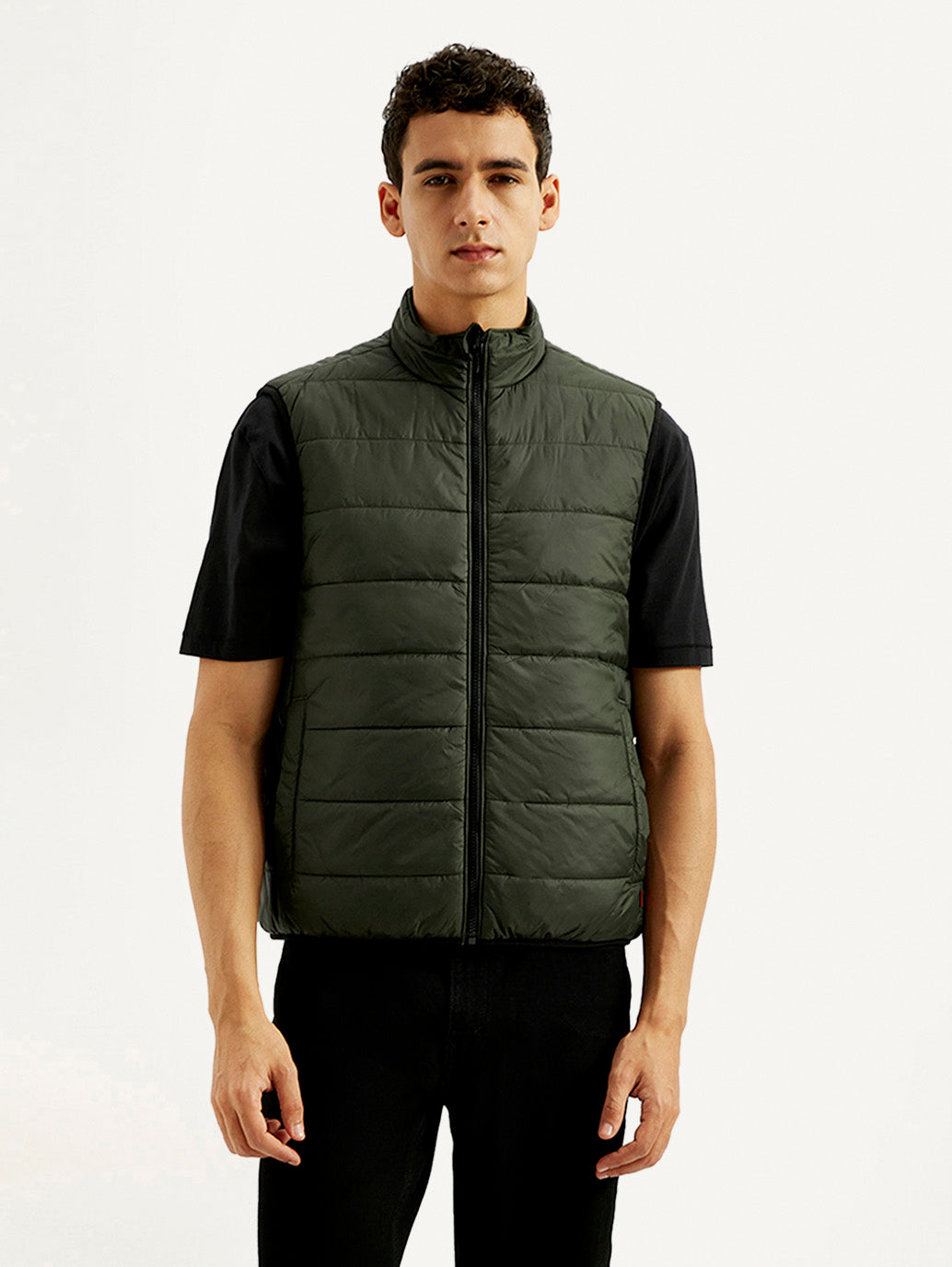 Men's Solid Green puffer Jacket - Front View