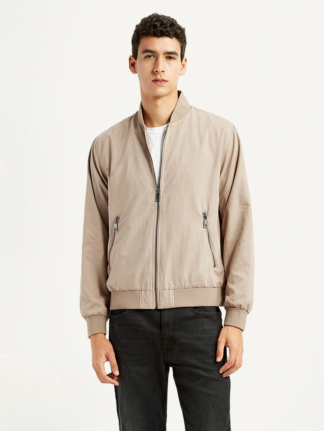 Men's Solid Beige Bomber Jacket - Styleshot View