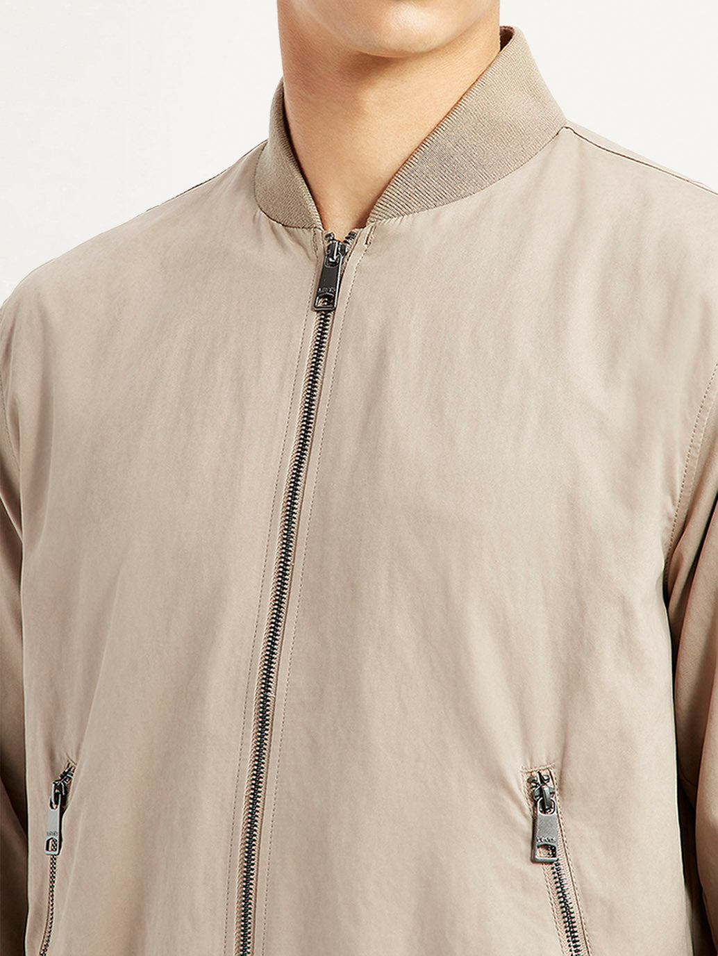 Men's Solid Beige Bomber Jacket - Detail View