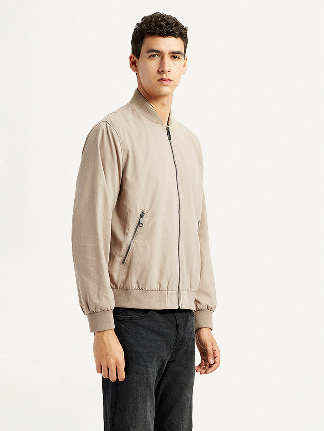Men's Solid Beige Bomber Jacket - Side View