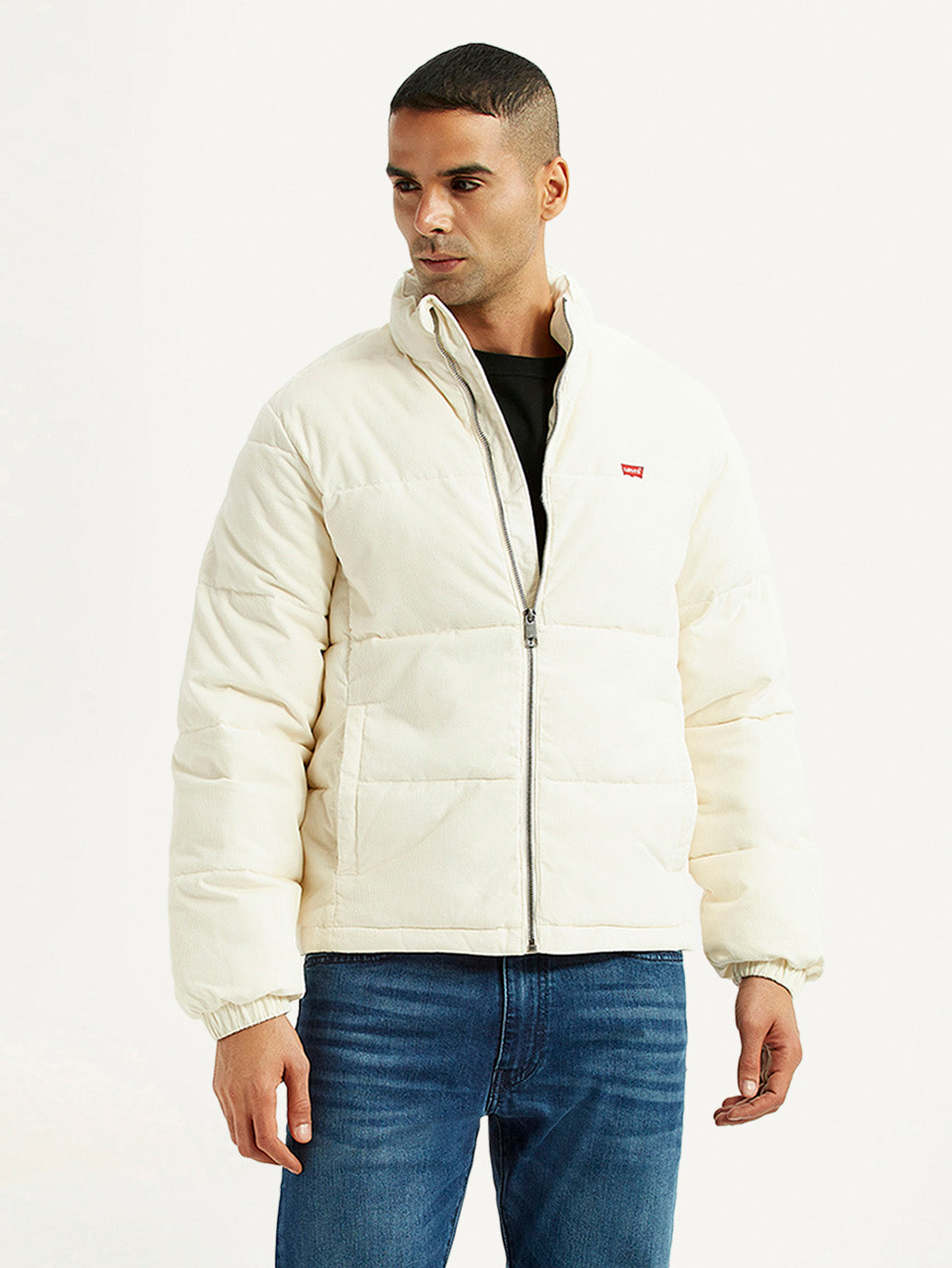Men's Solid Cream Puffer Jacket - Styleshot View