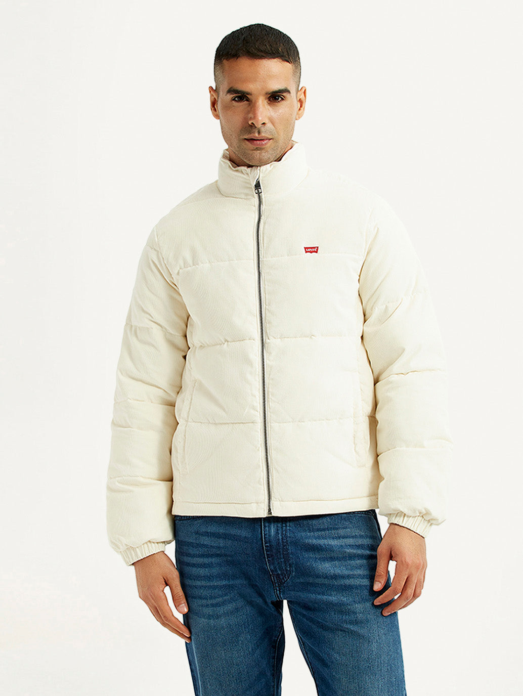 Men's Solid Cream Puffer Jacket - Front View